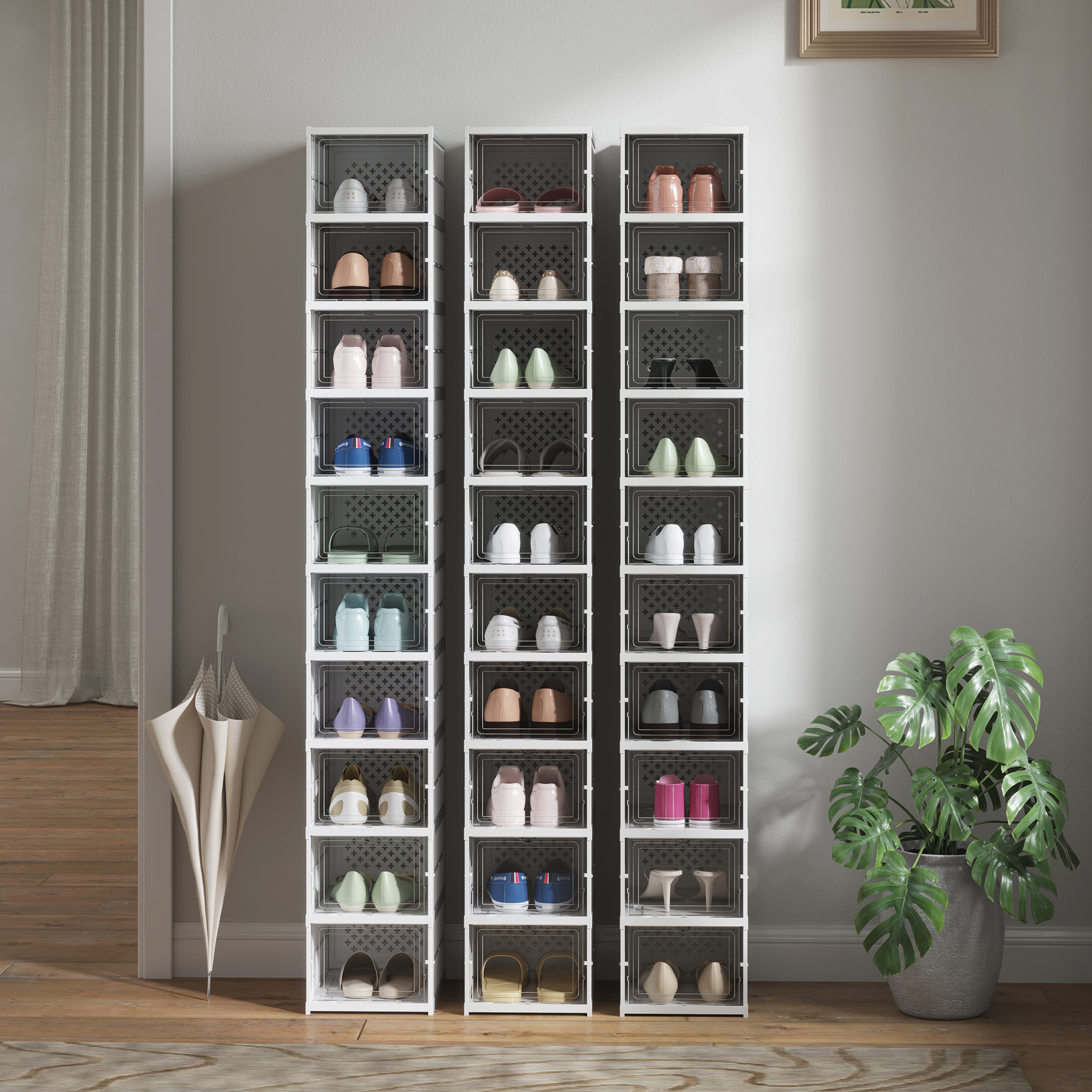 10-stufiges Schuhregal, Schuhschrank, faltbar, belüftete Rückseite, Kunststoff, Weiß