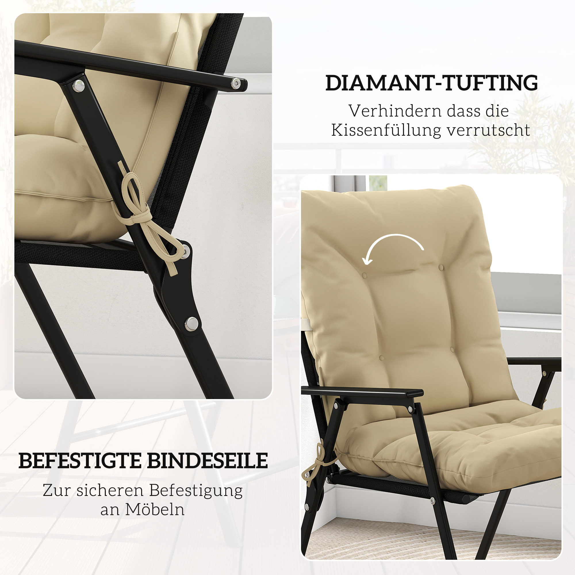 Outdoor-Sitzkissen mit Rückenlehne und Bändern, wasserabweisende Polster für drinnen und draußen, Beige