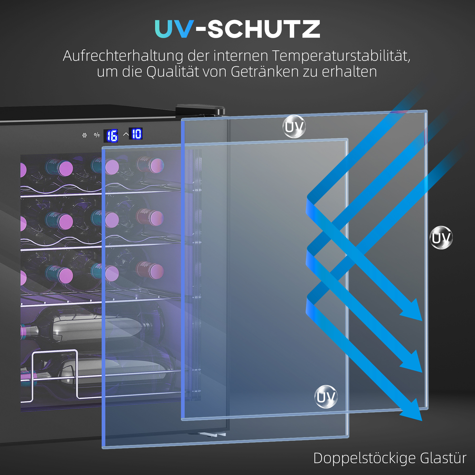 Freistehender Weinkühlschrank, 16 Flaschen, für Hausbar, Wohnzimmer, Küche Touchscreen, Glastür, LED-Beleuchtung
