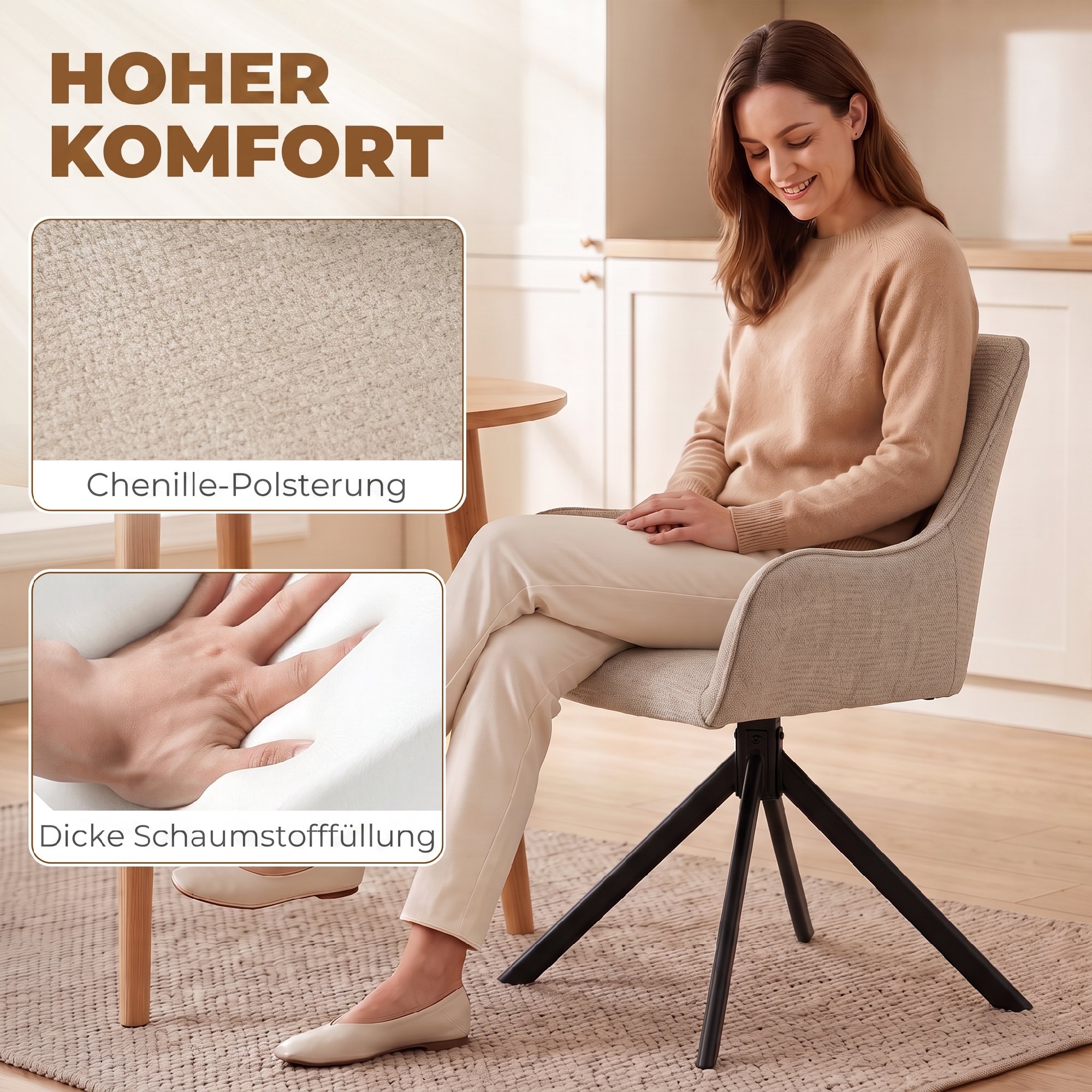 Esszimmerstühle 2er-Set, Drehbarer Küchenstuhl mit Armlehnen, Metallrahmen für Wohnzimmer, Esszimmer, Beige