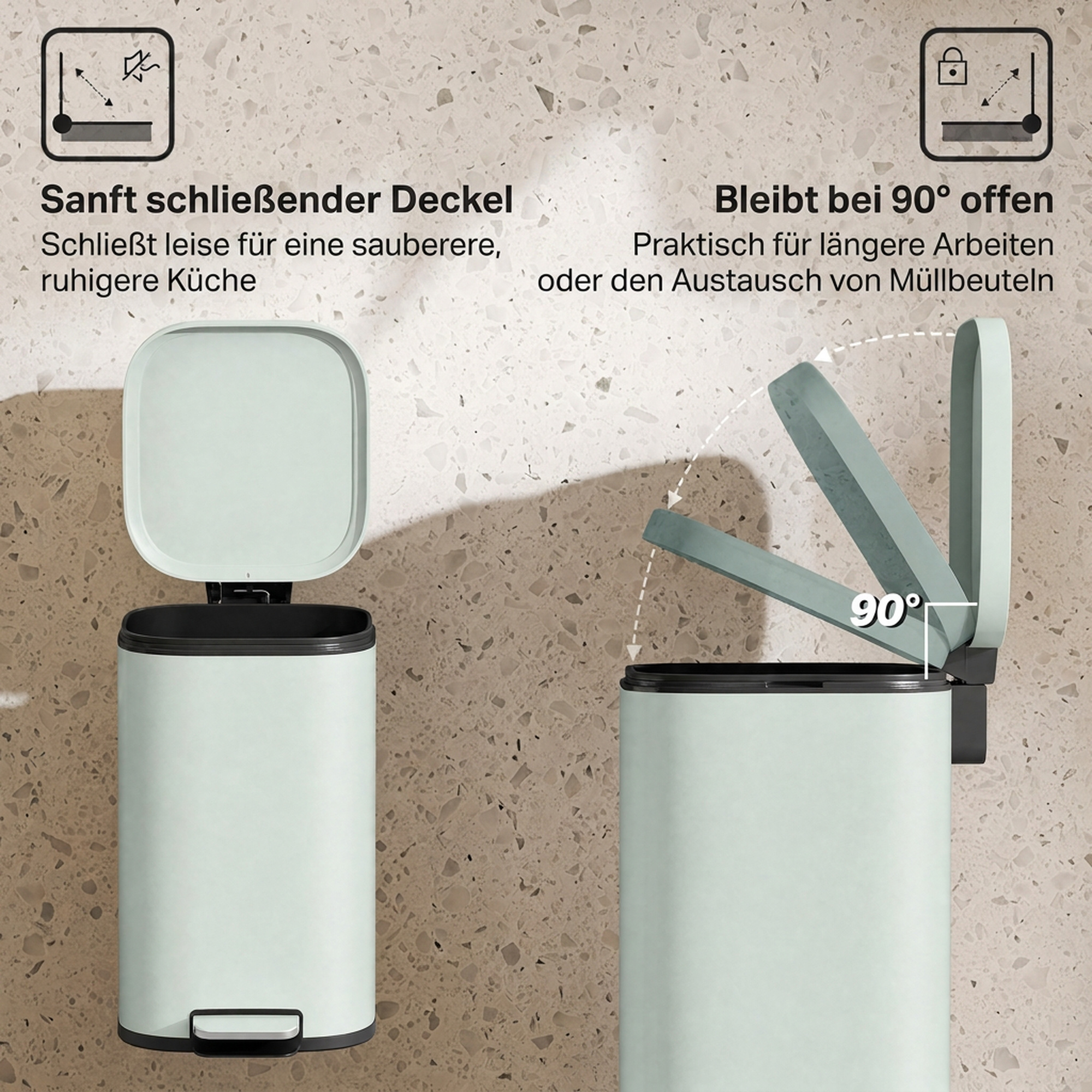 30L Küchenmülleimer Pedaleimer mit Deckel, Soft-Close- und Offenhalte-Funktion für Küche, Zuhause