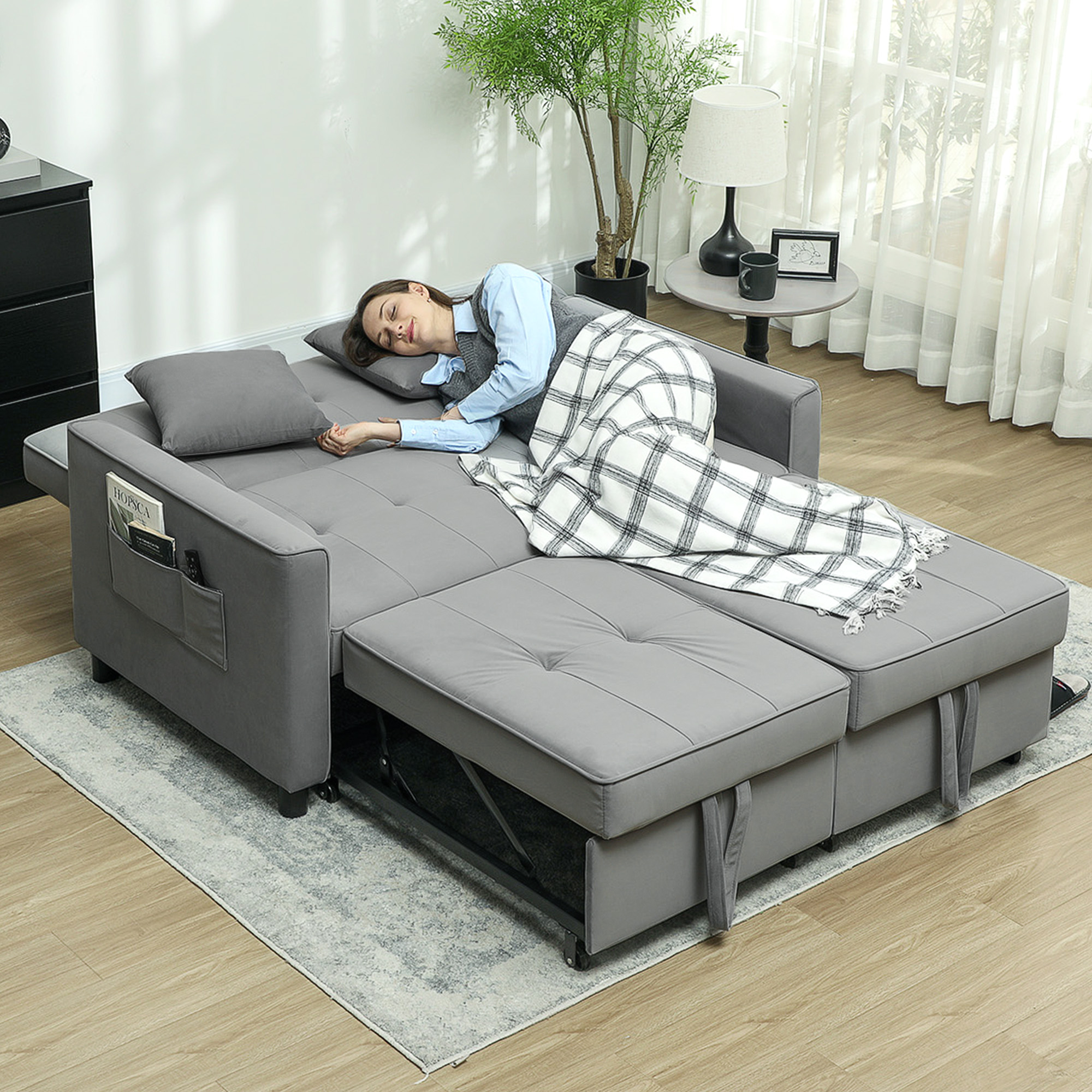 4-in-1 Sofa, verstellbare Couch, Sofabett, mit Kissen, Stoffbezug, für Wohnzimmer, Schlafzimmer, Grau