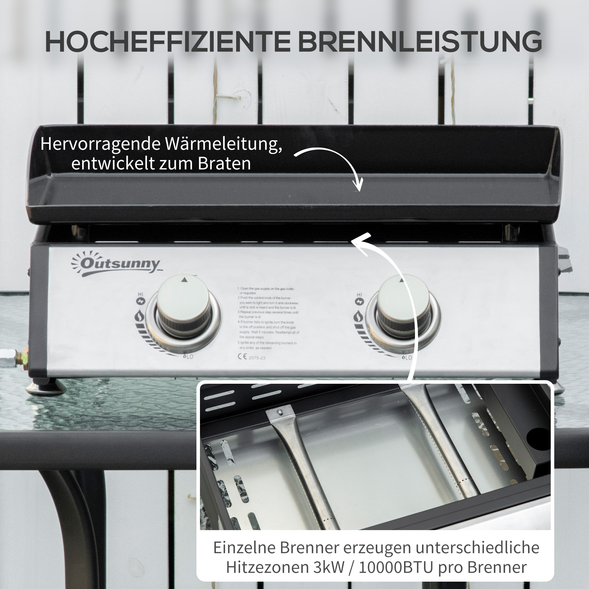 Gasgrill mit 2 Brennern, Schlauch, Antihaft-Grillplatte, Edelstahl, Farbe: Silber, 48,5 x 48 x 21 cm