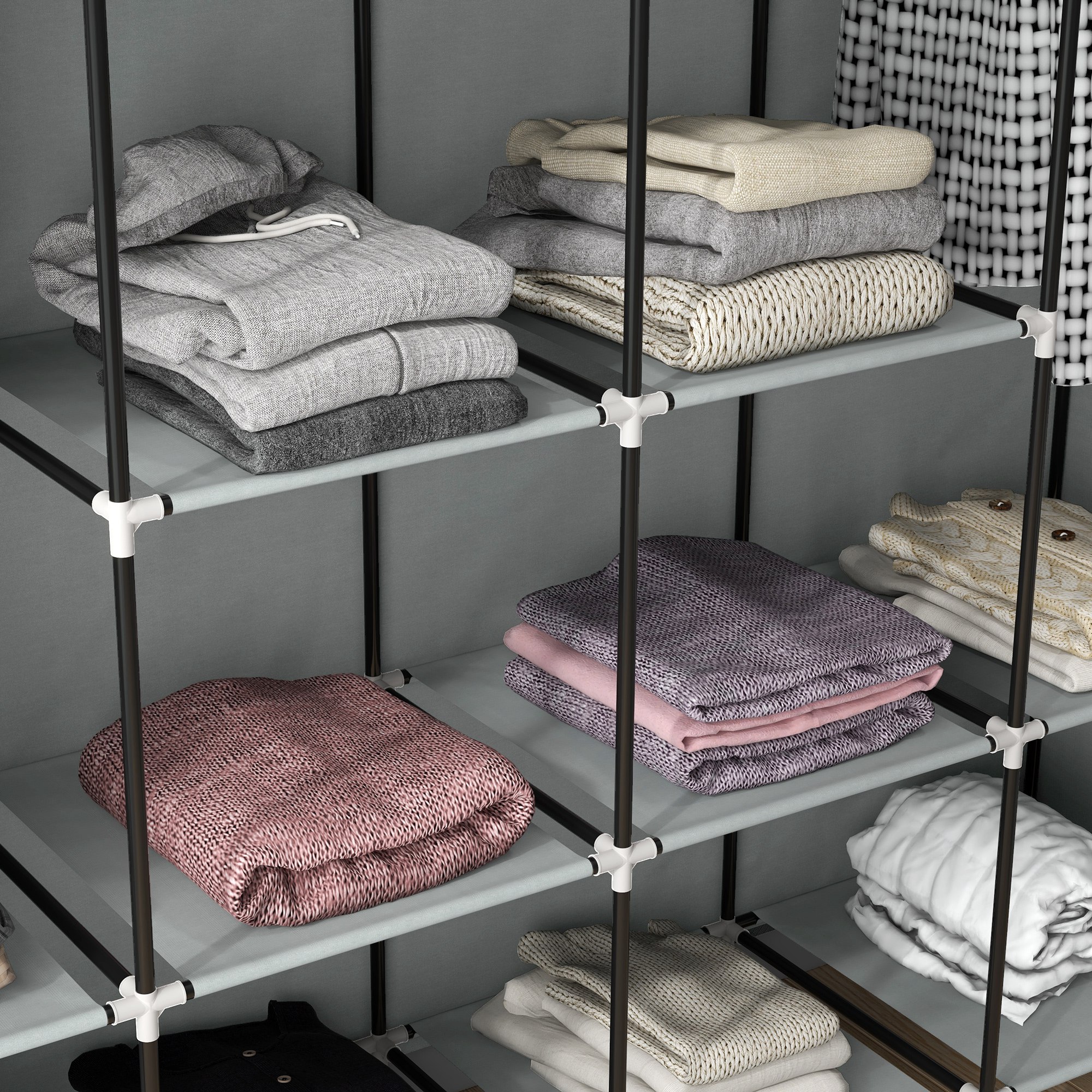 Kleiderschrank Stoffschrank, Türen, 2 Kleiderstangen, 10 Fächer, Grau