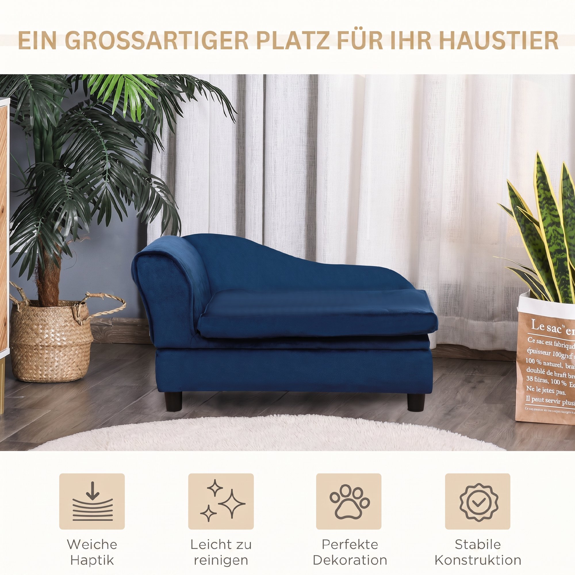 Haustiersofa mit Stauraum, weichem Kissen, bis 15 kg Tragkraft, Plüschbezug, Hartholzrahmen, Blau