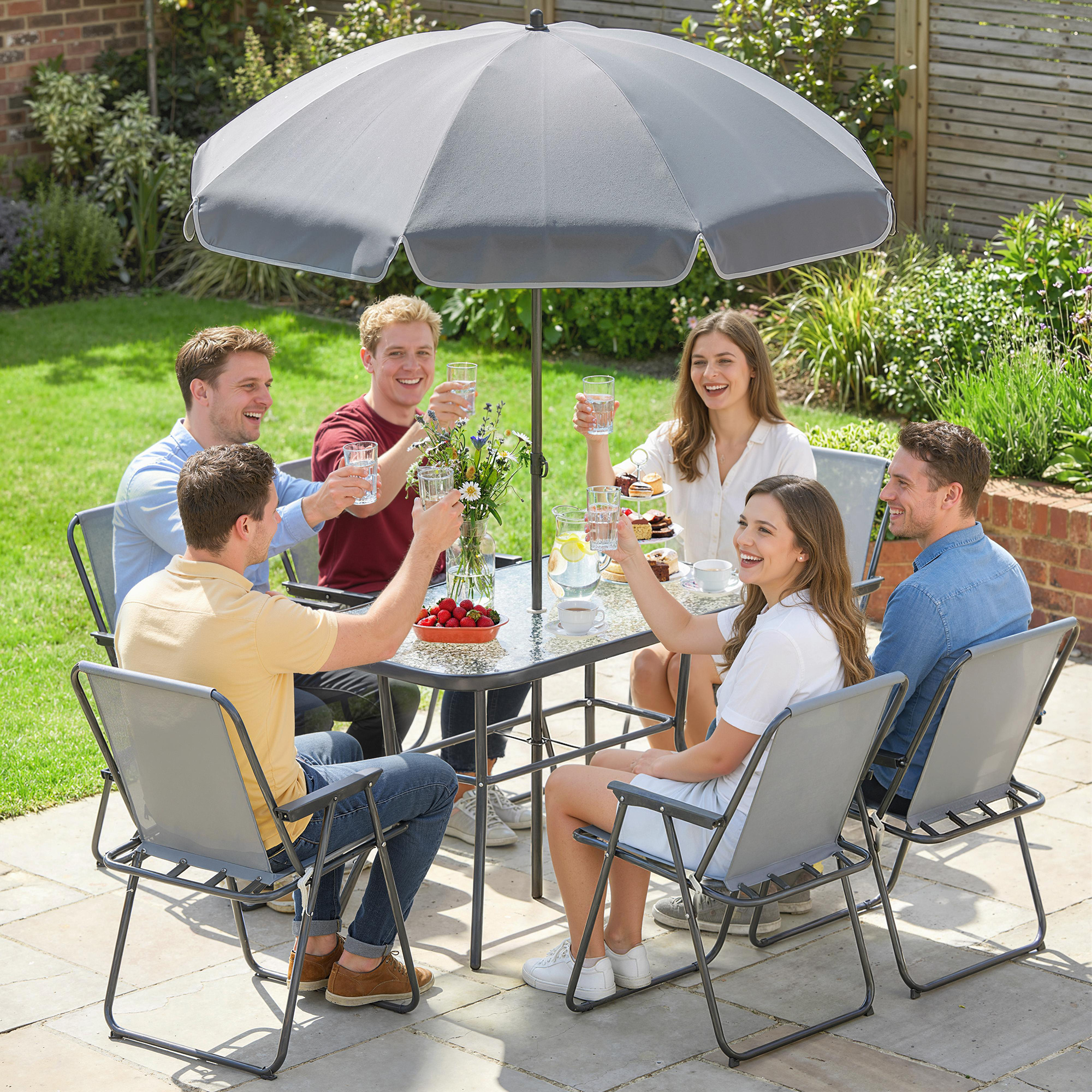 Gartenmöbel Set Sitzgruppe 119 x 68cm Glastisch mit 6 Klappstühlen Sonnenschirm Wasserwellenmuster Grau