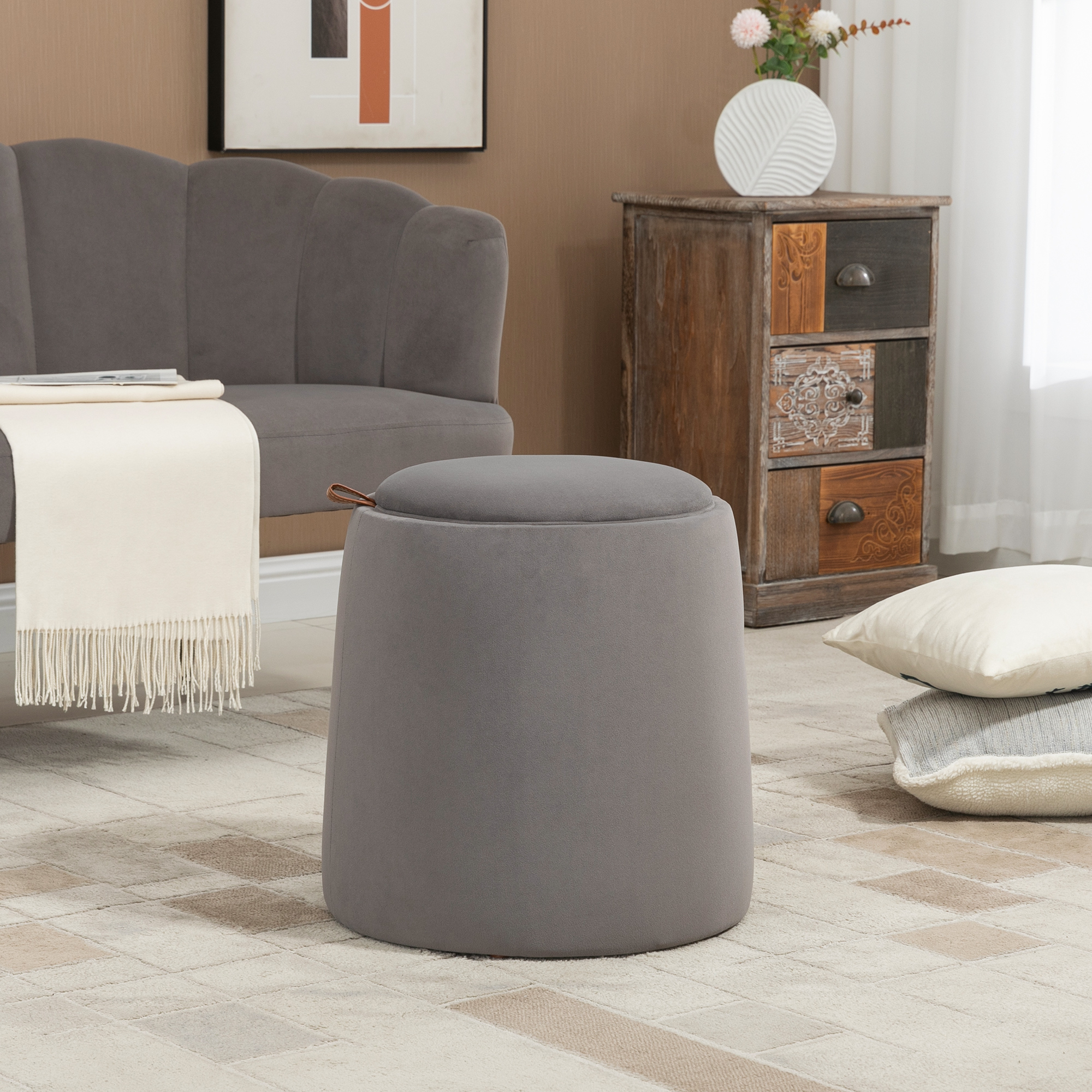 2-in-1 Hocker in Samtoptik inklusive Stauraum und abnehmbaren Deckel Φ44 cm x 47,5 cm Grau