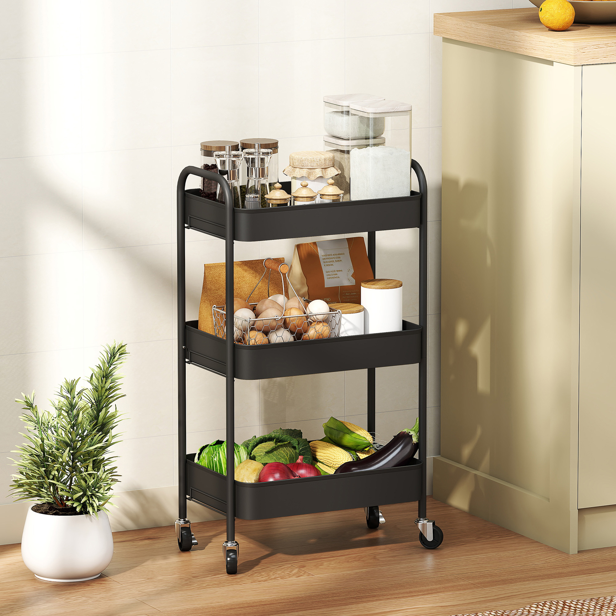 Mehrzweckwagen Rollwagen Küchenwagen, 3 Regale, 4 Rollen, 45 cm x 30,6 cm x 79 cm, Schwarz