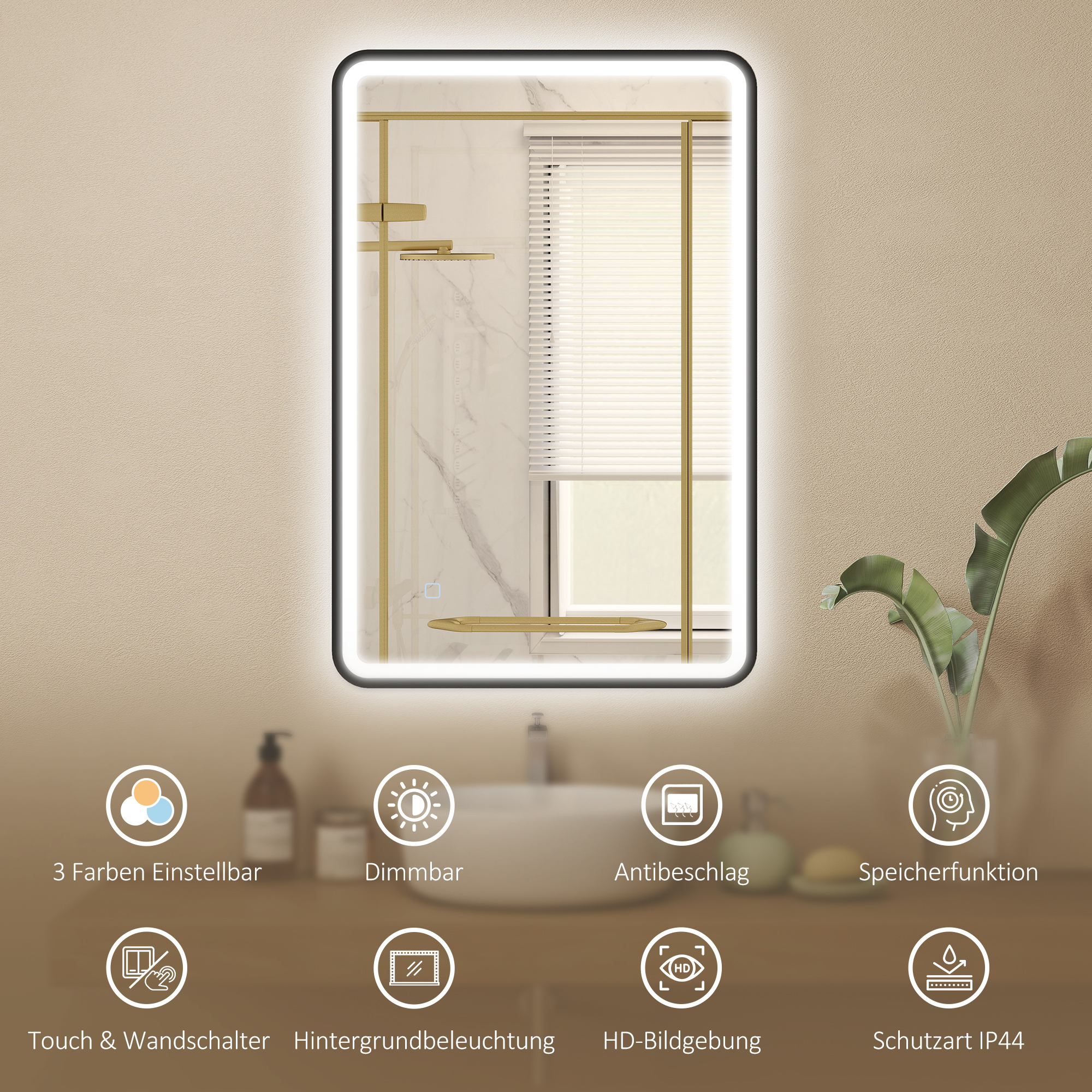 90 x 60 cm LED-Badezimmerspiegel, Lichter, 3 Farben, dimmbar, Memory-Funktion, horizontal und vertikal, Schwarz
