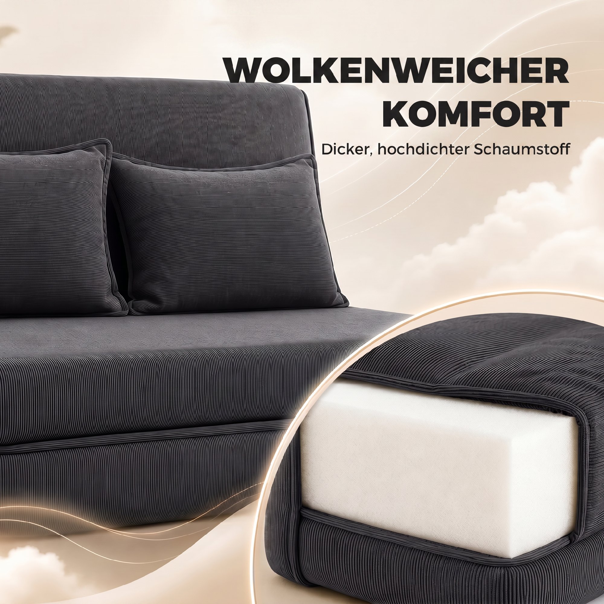 Bodenstuhl mit Rückenlehne, Cord-Klappsofa als Gästebett, Verstellbare Rückenlehne, Breiter Sitz, Dunkelgrau