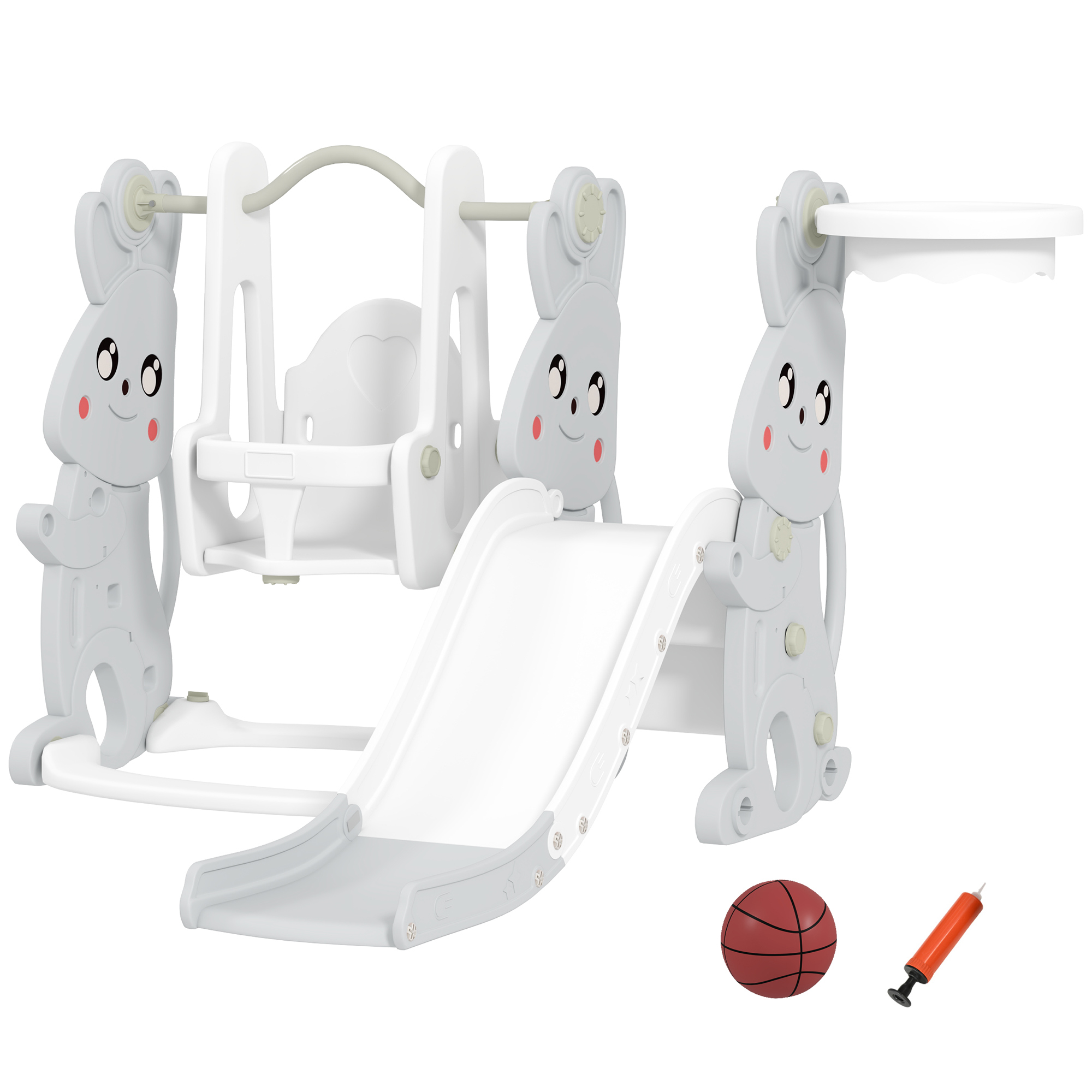 4-in-1 Spielset für Kleinkinder, Rutsche, Schaukel, Klettergerüst, Basketballkorb, Kunststoff, Hasendesign, Grau