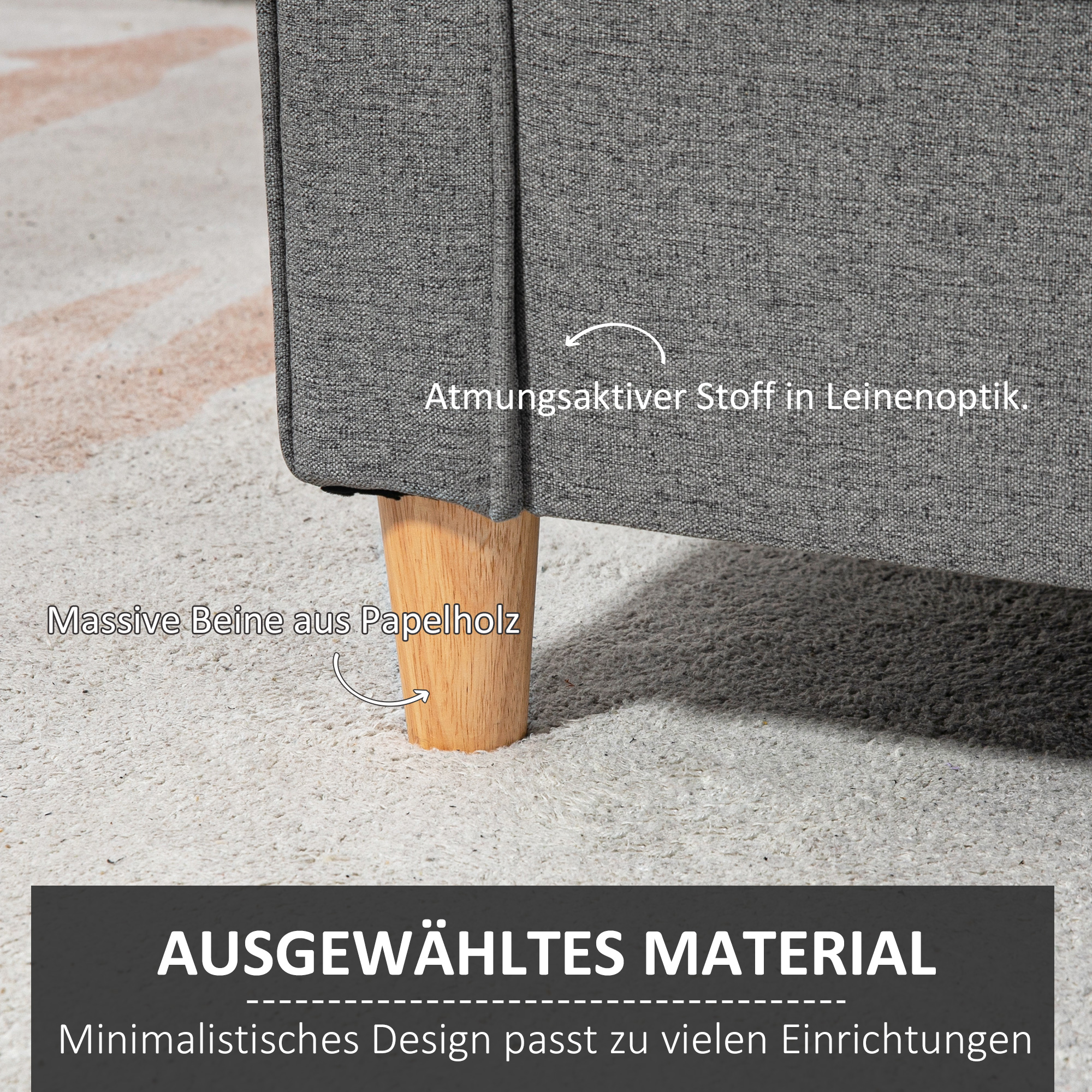 2 Sitzer Sofa, Couch mit Holzbeine, Leinenoptik, Gepolsterter Polstersofa, Doppelsofa im Modern-Stil für Wohnzimmer, Schlafzimmer, Grau