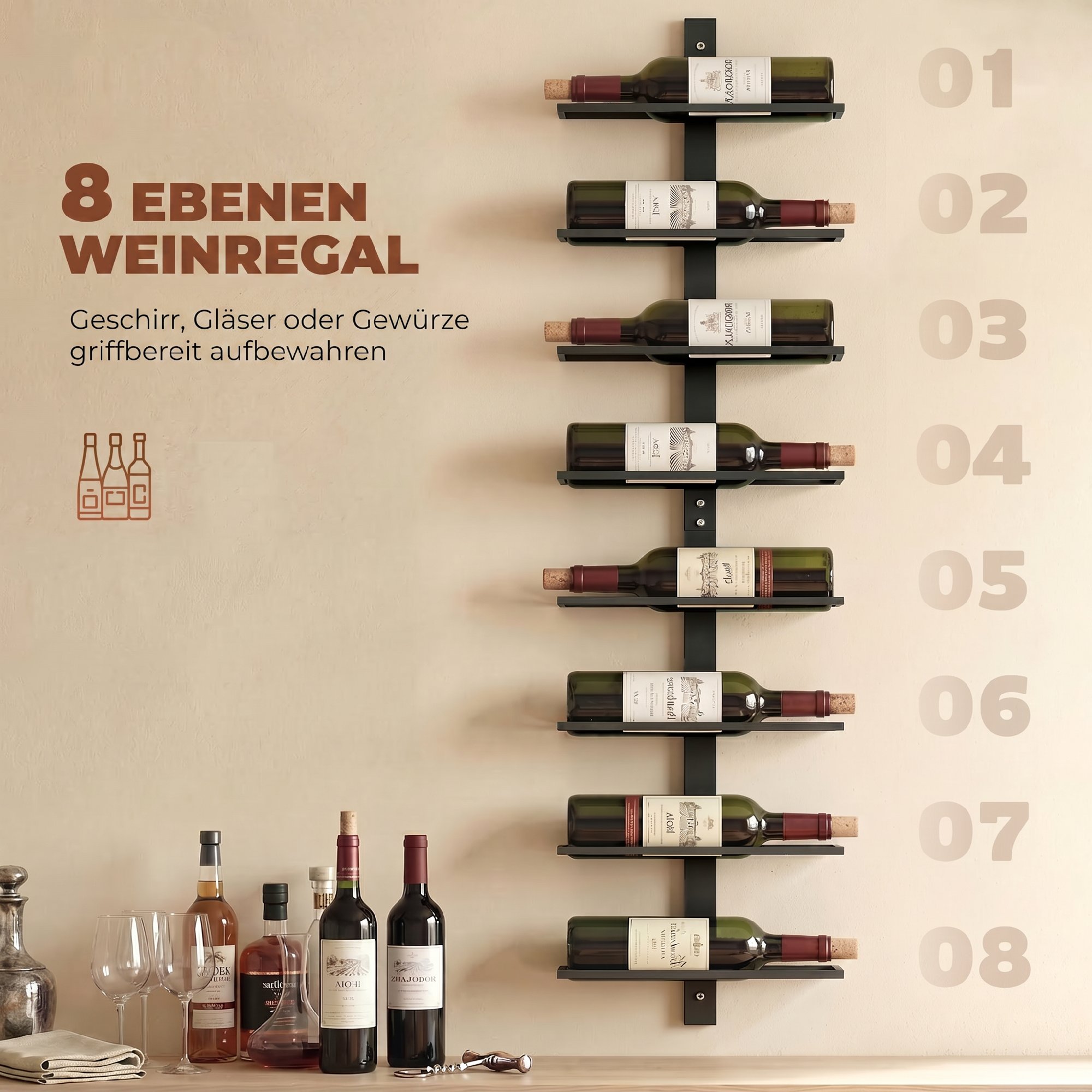 Weinregal, Wandregal für 8 Flaschen Wein, 8 Ebenen, Stahlrohr, für Küche, Wohnzimmer, Hausbar, Schwarz