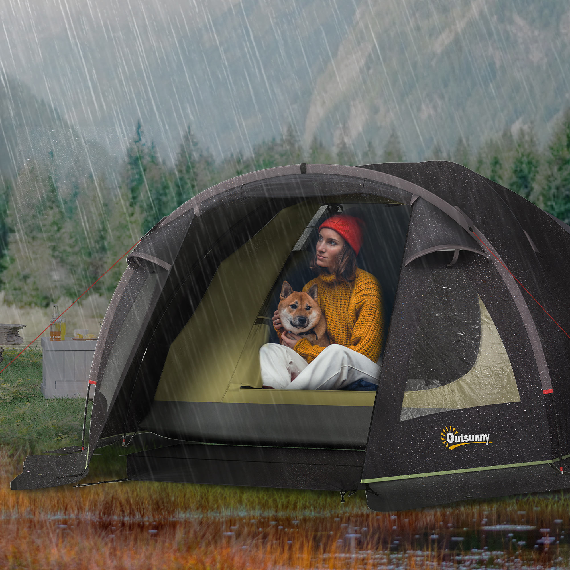 Campingzelt für 2 Personen leicht, stabil UV 50+ Tunnelzelt mit Vordach Seitentür&Fenster Schwarz