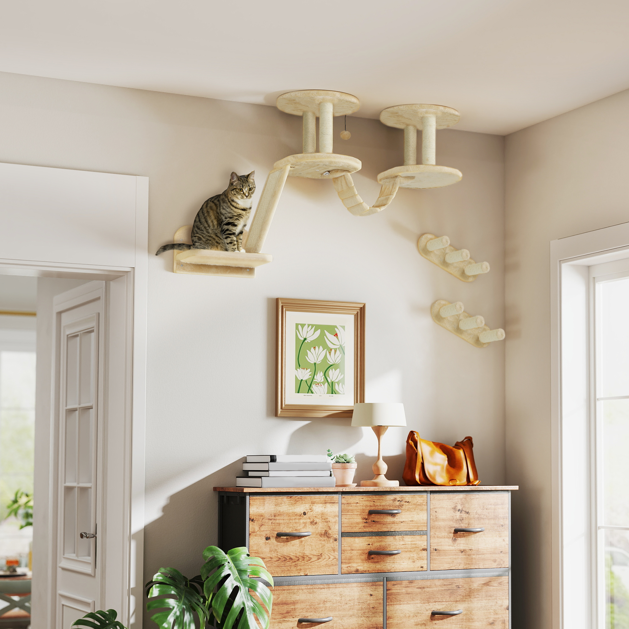 Katzentreppen-Set, Wand- und Deckenmontage, für Katzen bis 5 kg, Beige