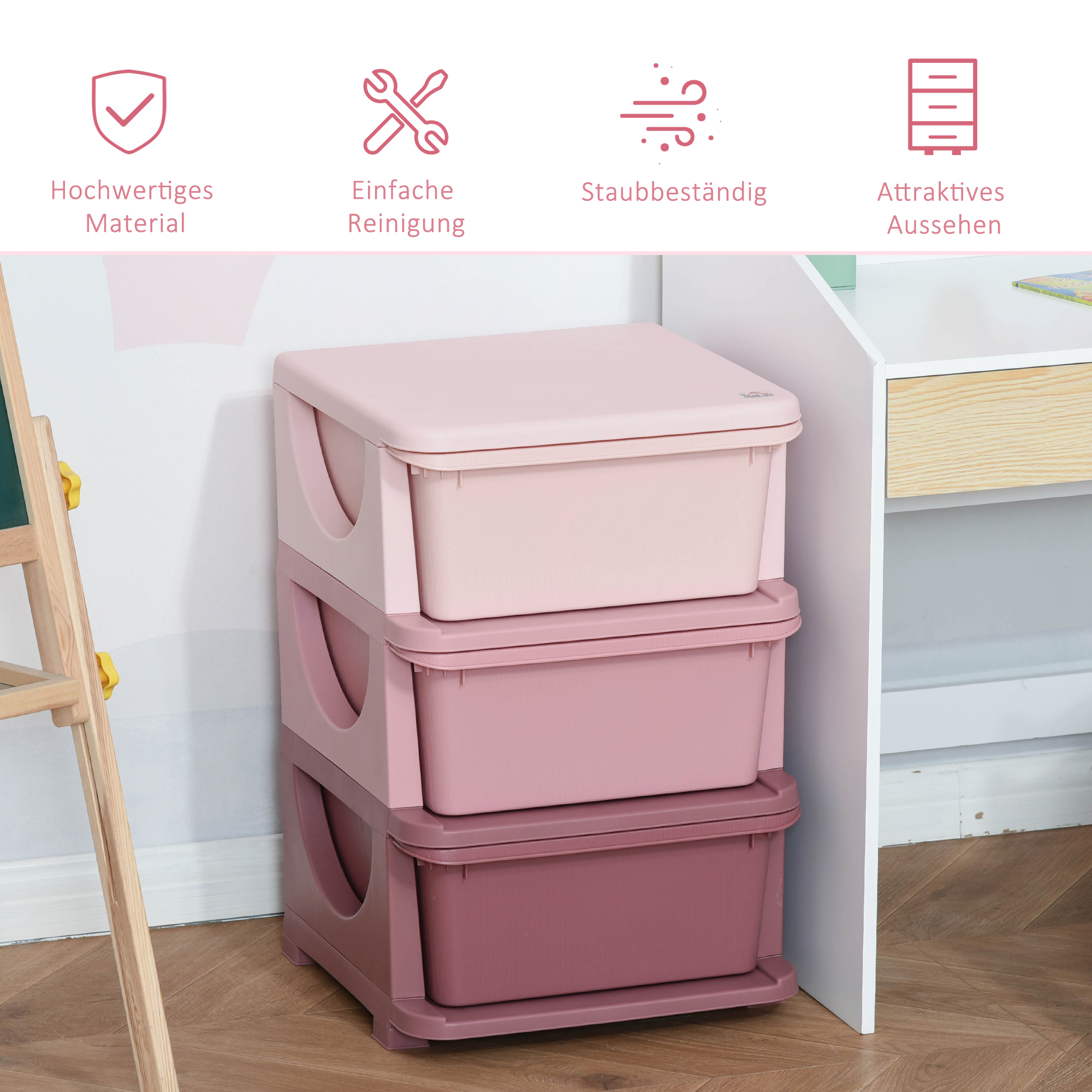 Aufbewahrungsboxen für Kinder, 3 Schubladen, abgerundete Kanten, erhöhtes Design, 37x37x56,5 cm, Rosa
