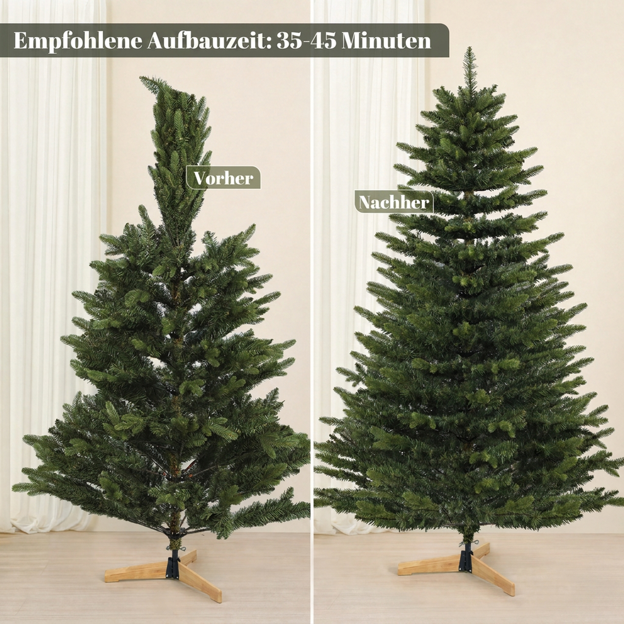 künstlicher Weihnachtsbaum 180 cm, Fraser-Tanne mit Holzständer, 988 realistische Zweigspitzen für Zuhause und Büro, Grün