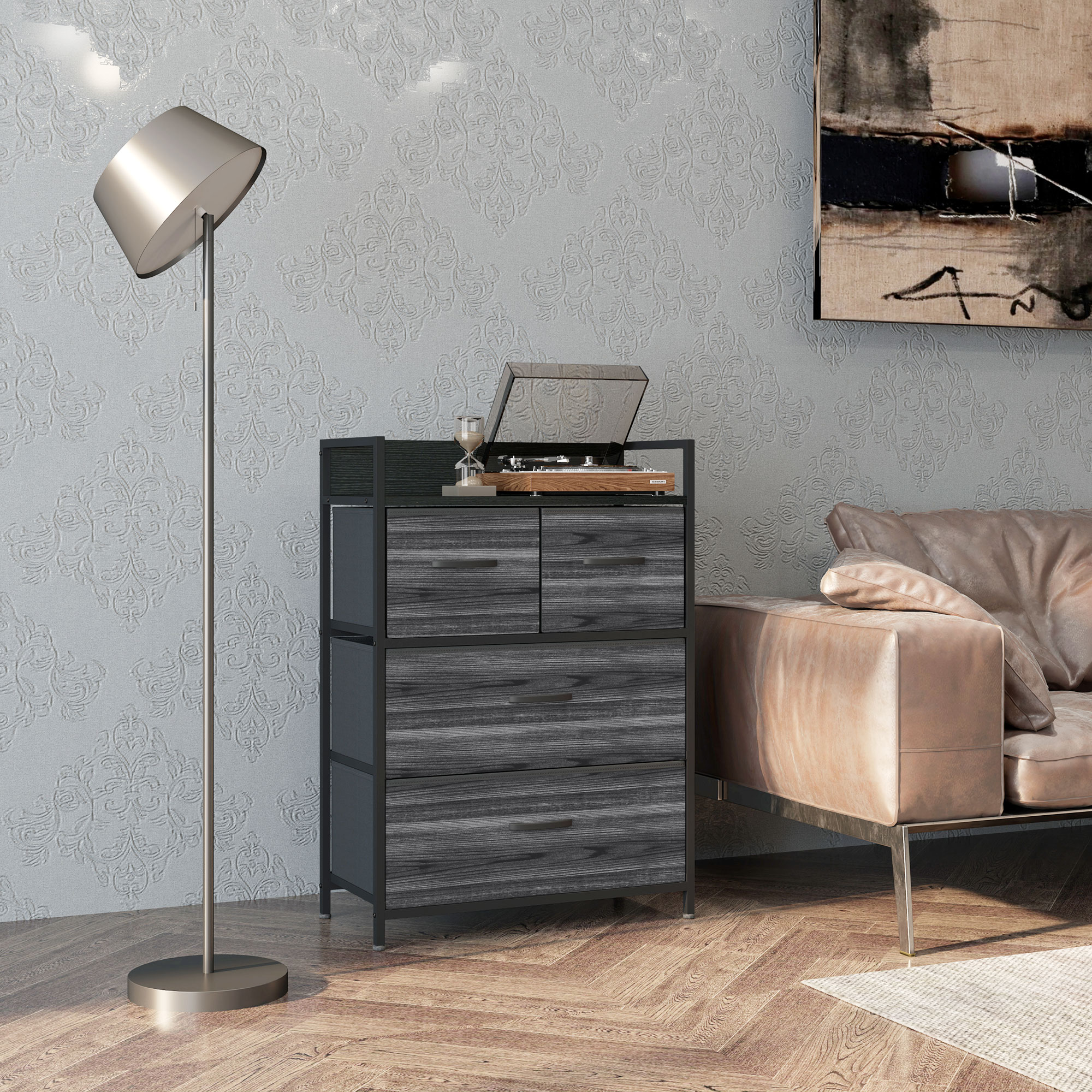 Kommode, Sideboard, 4 Stoffschubladen, Industrial Design, 60x29x85cm, Schwarz