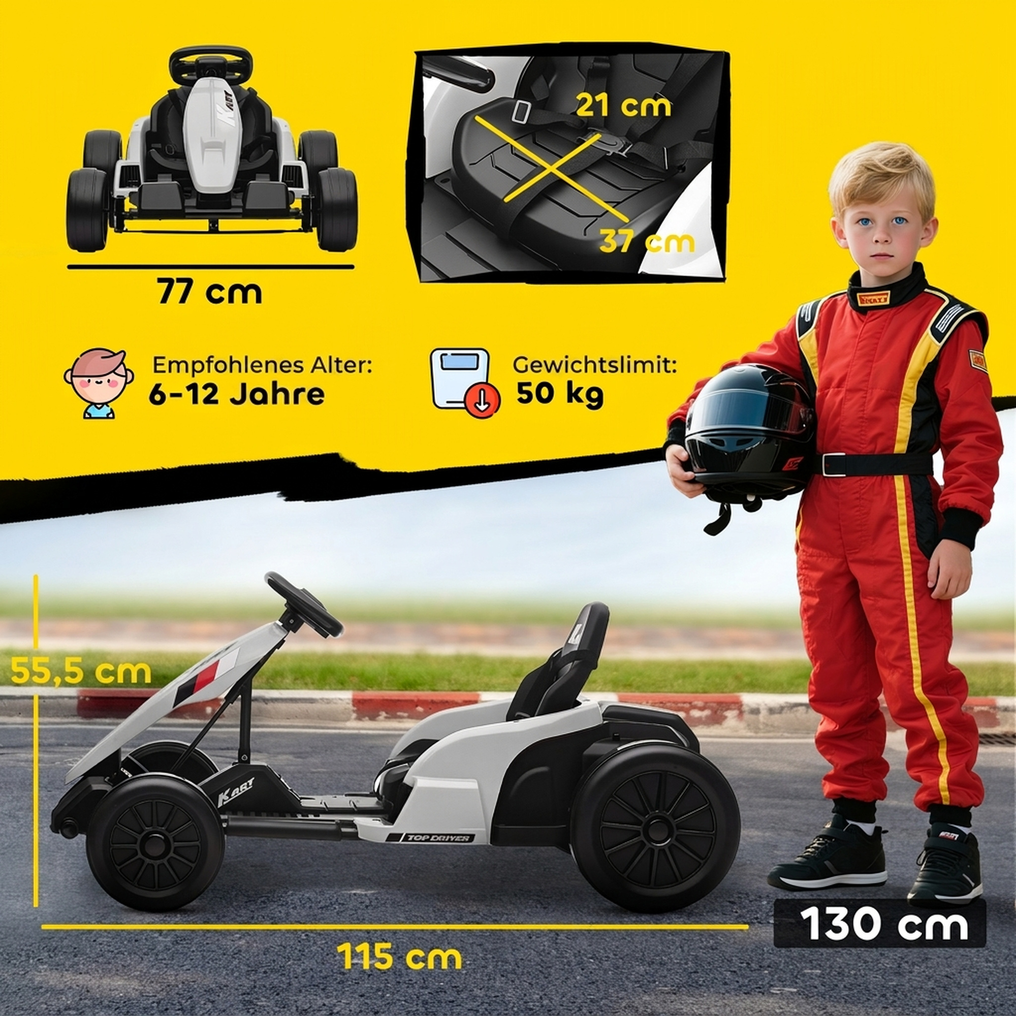 24 V Elektro Go-Kart für Kinder Bis 18 Km/h Gokart mit Drift-Funktion, Drift-Kart mit 2 Motoren verstellbar Sitz Weiß