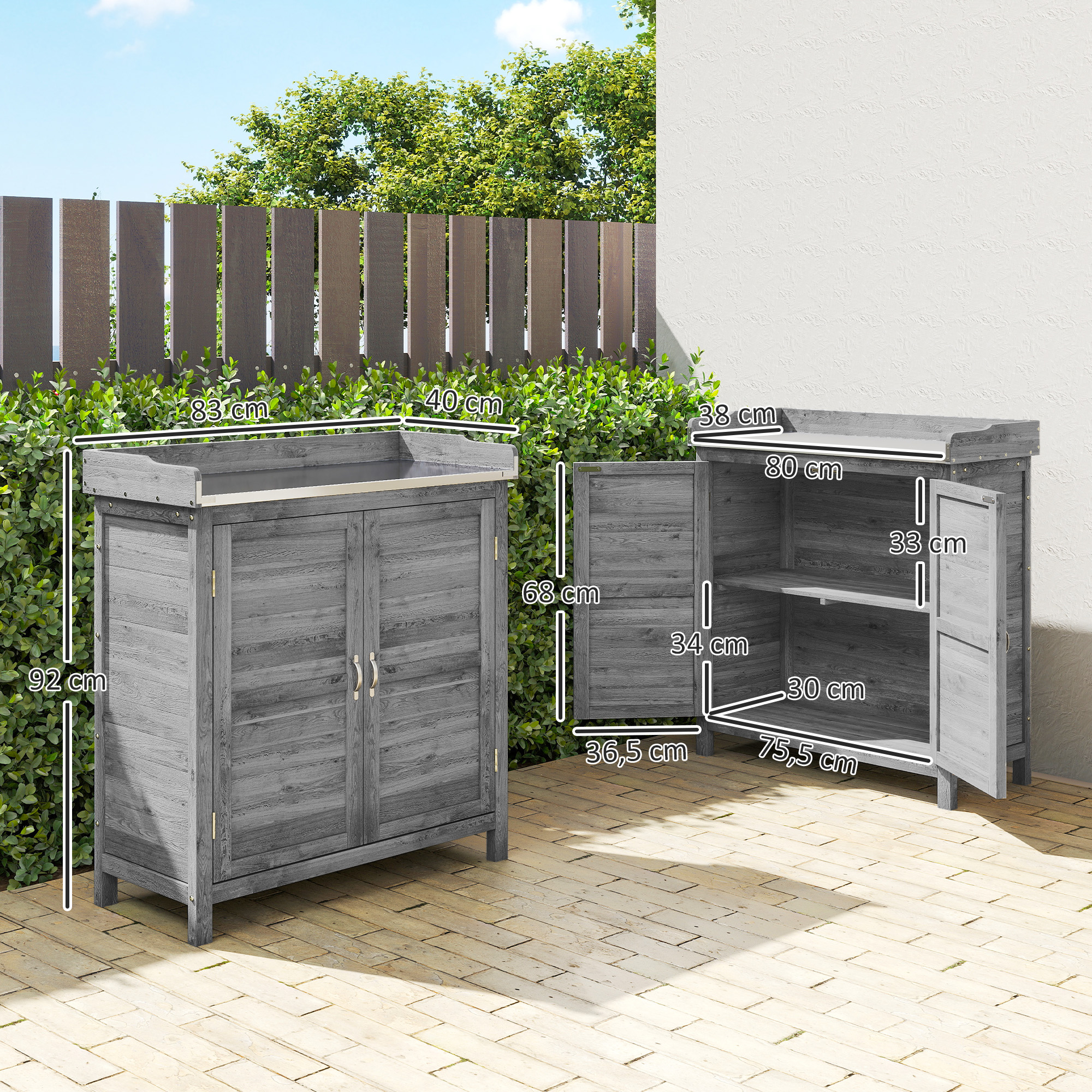 Gartenschrank mit Pflanztisch, Holz Geräteschuppen mit verzinkter Arbeitsplatte 2 Regalböden Grau