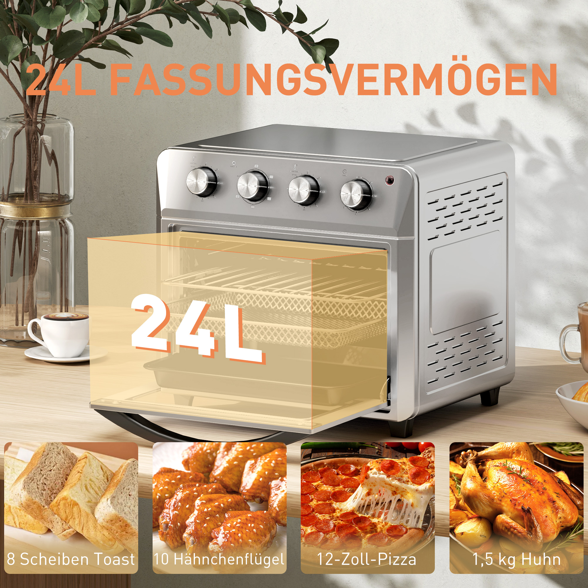 Minibackofen mit Umluft, Heißluftfritteuse, 6 Heizmodi, Timer, Zubehör, 24L, Silber