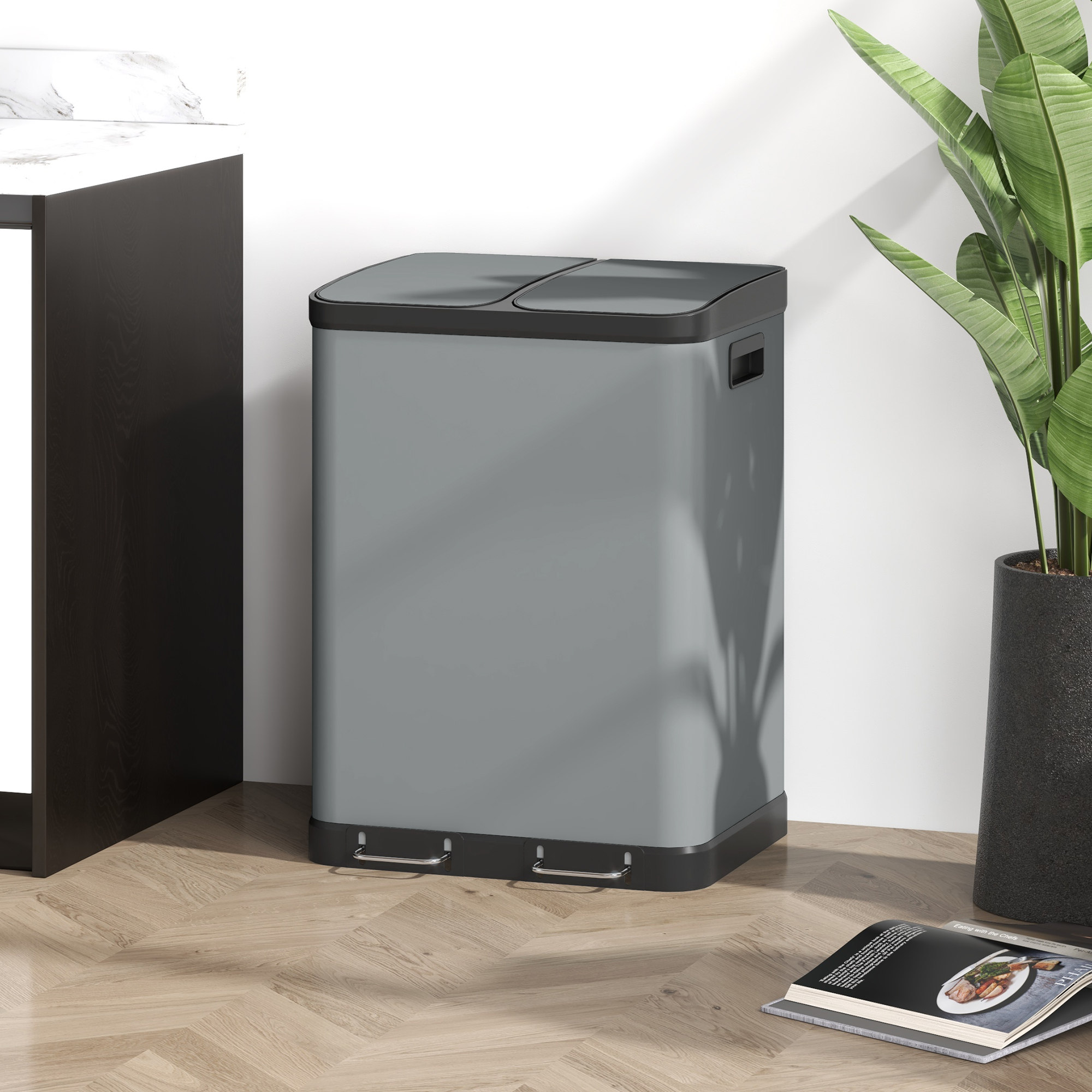 Doppelfach-Mülleimer, 2 x 30L, fingerabdruckresistent, Pedal, herausnehmbare Inneneimer, Grau