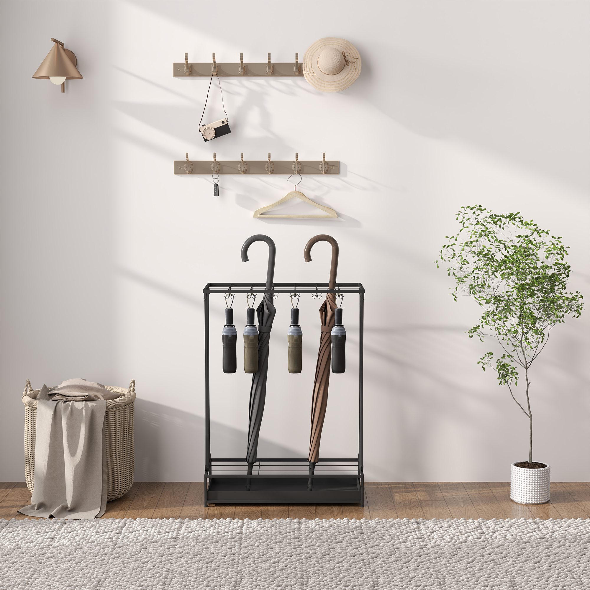 Schirmständer mit herausnehmbarer Tropfwasserschale, Regenschirmständer mit 21 Öffnungen und 24 Haken, Stahl, Schwarz