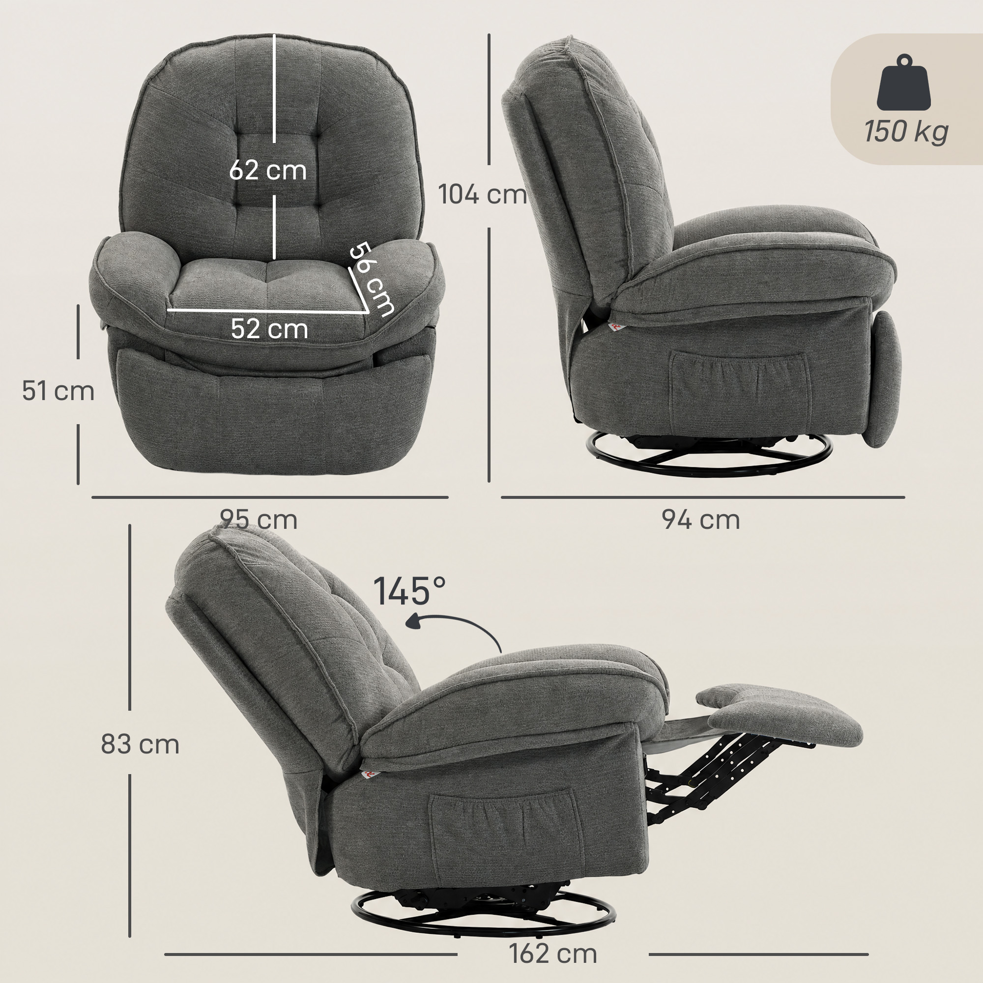 Relaxsessel Fernsehsessel mit Liegefunktion, Drehbarer Ruhesessel mit Wippfunktion, für Wohnzimmer, Schlafzimmer