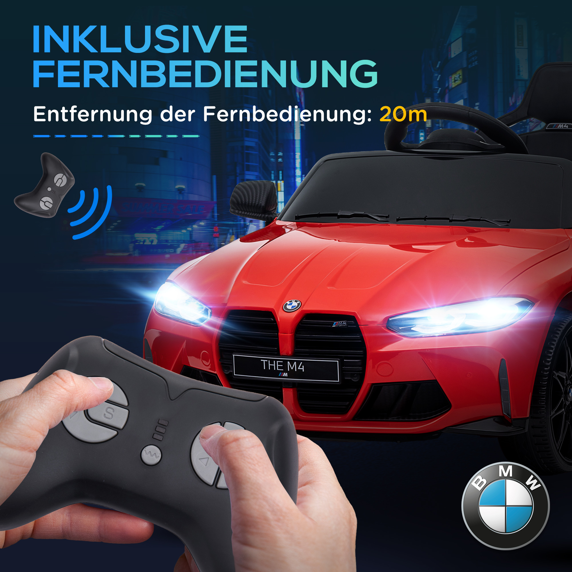 Elektro-Kinderauto BMW M4, Sound & Licht, 3-5 km/h, inkl. Fernsteuerung, für 3-5 Jahre, Rot