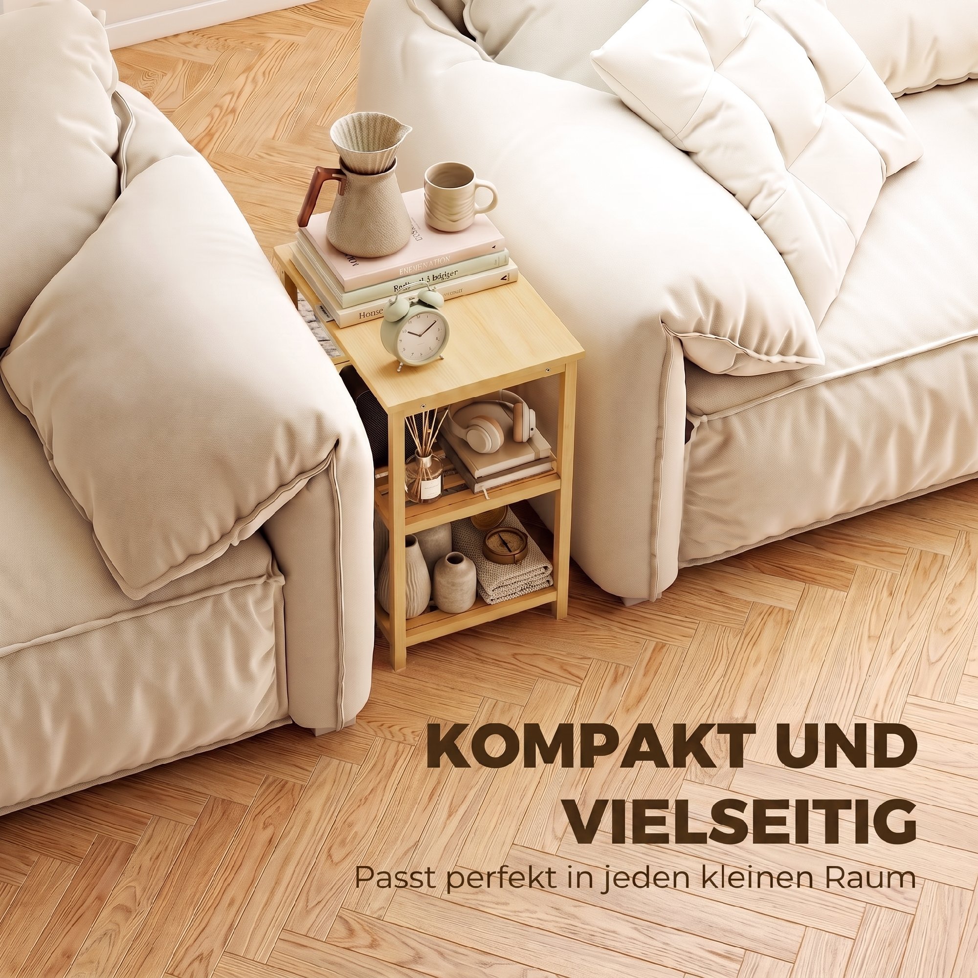 Beistelltisch aus Bambus, 3 Ebenen mit Lamellenböden, für kleine Räume, Wohnzimmer & Schlafzimmer, Natur