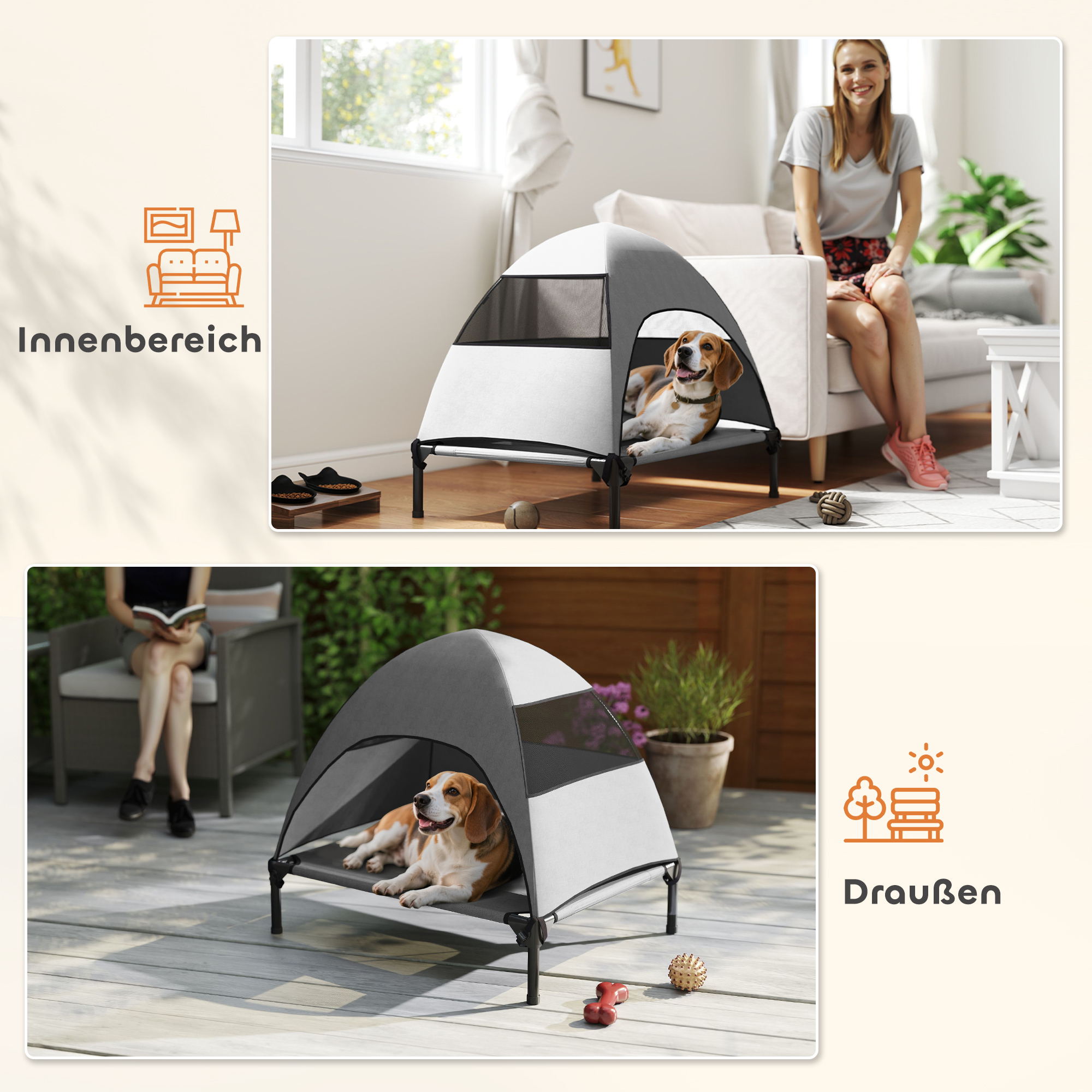 Hundeliege Outdoor mit Dach, erhöhtes Hundebett für Mittelgroße Hunde, 76 x 61 x 71cm, Hellgrau