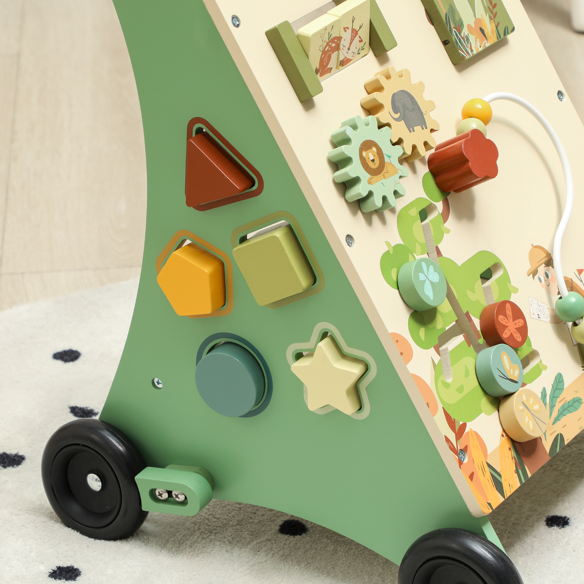 Lauflernwagen Holz Montessori Lauflernhilfe mit Geschwindigkeitskontrolle, Xylophon, Zahnrädern und Perlenlabyrinth Grün