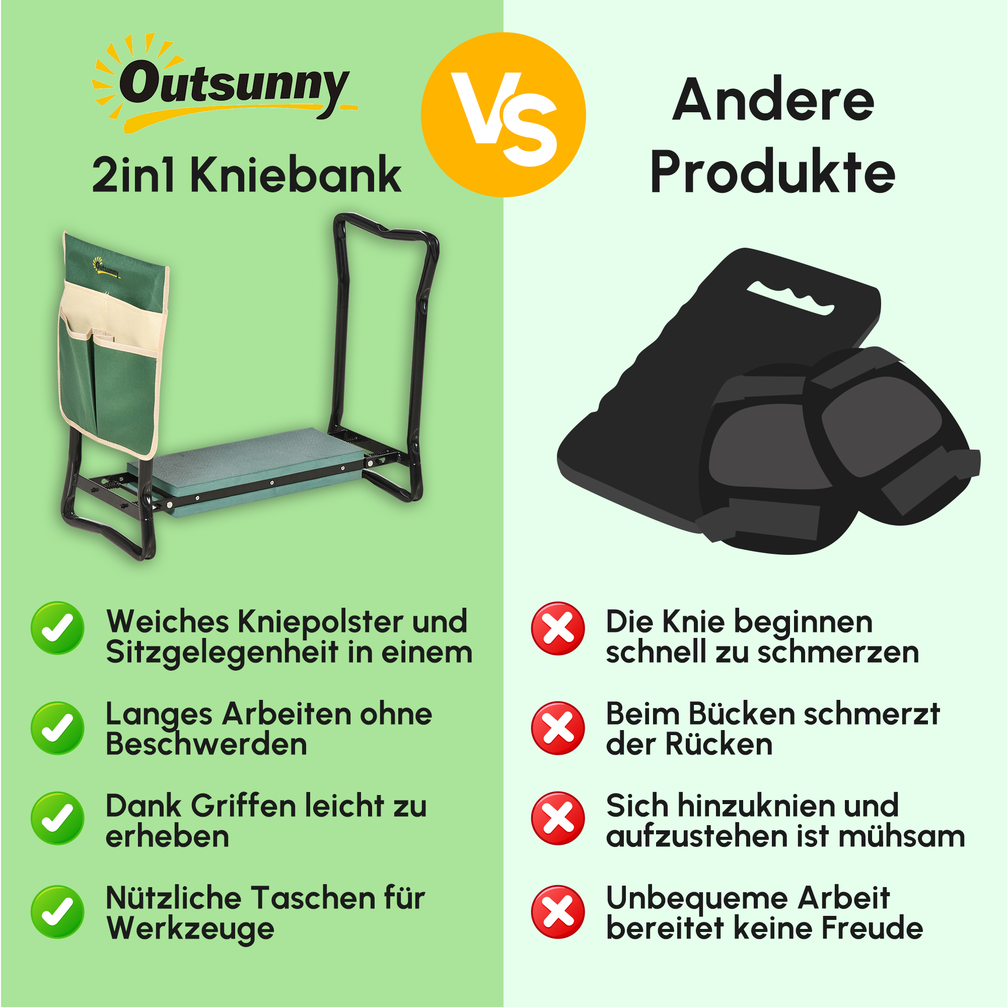 Kniebank, Klappbarer Gartenhocker, 2-in-1, Kniehilfe, mit Werkzeugtasche, EVA-Schaumstoff, 58 x 28 x 49 cm