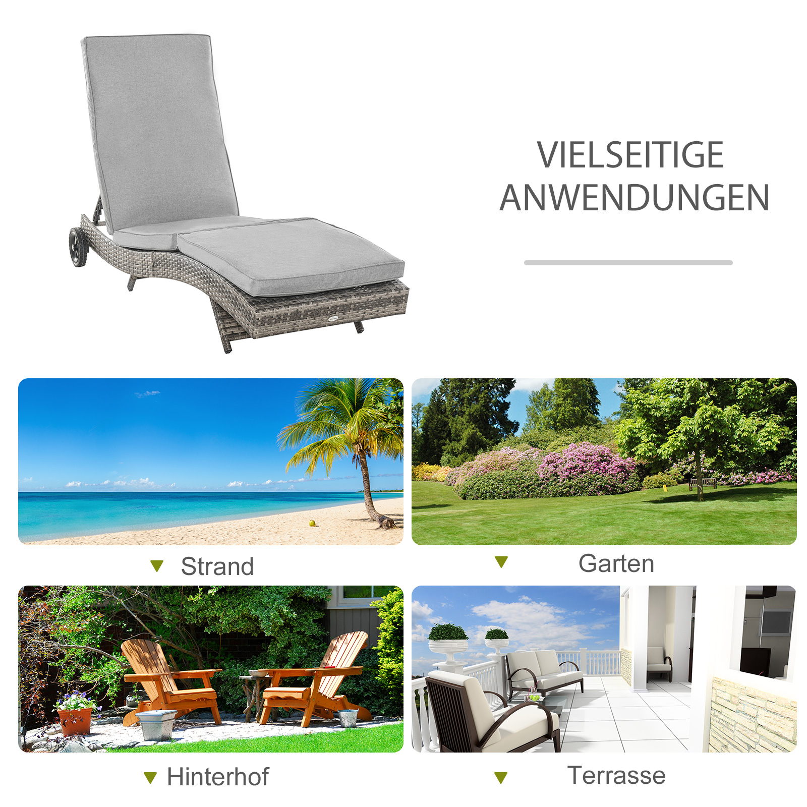 Polyrattan Sonnenliege Gartenliege mit Kissen 5-stufig verstellbar Rattanliege Gartenmöbel Liege S-Form Metall Grau 207 x 70 x 70 cm