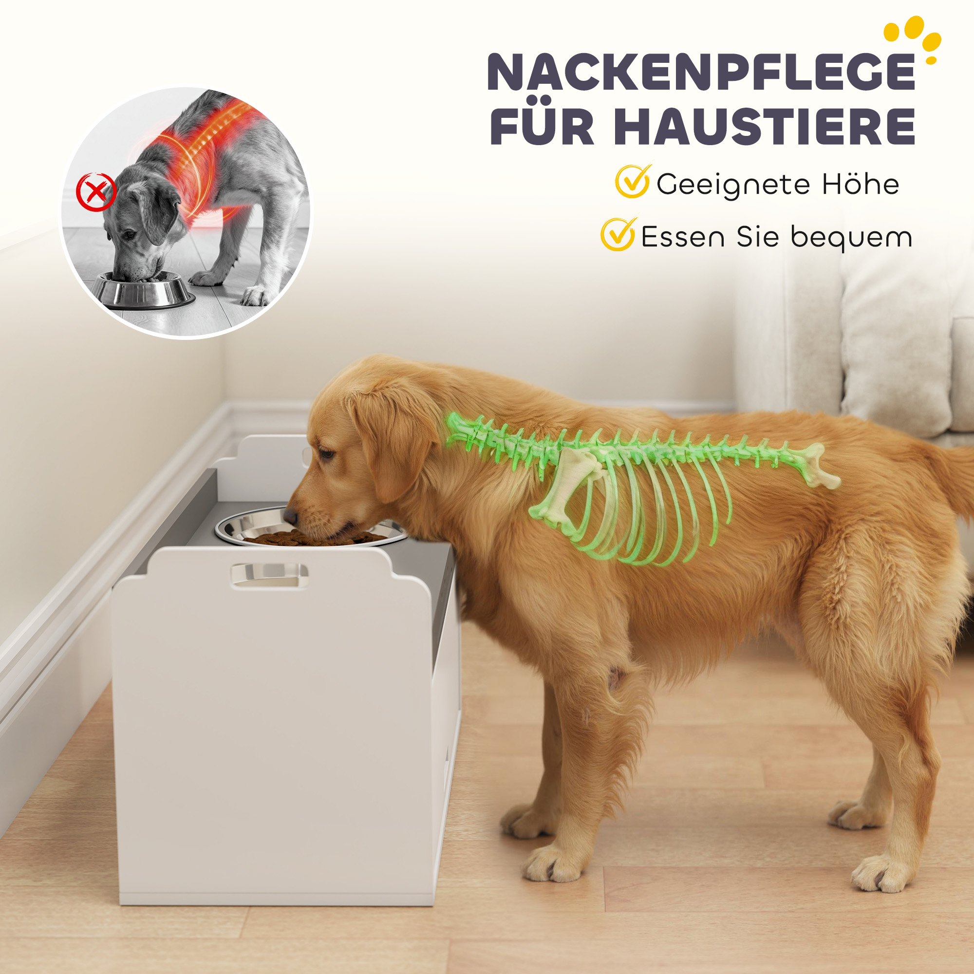 Hundenapf erhöht Futternapf mit Aufbewahrungsschrank, 2 Schüsseln mit Anti-Rutsch-Ringe, 60 x 30 x 35,5 cm, Weiß