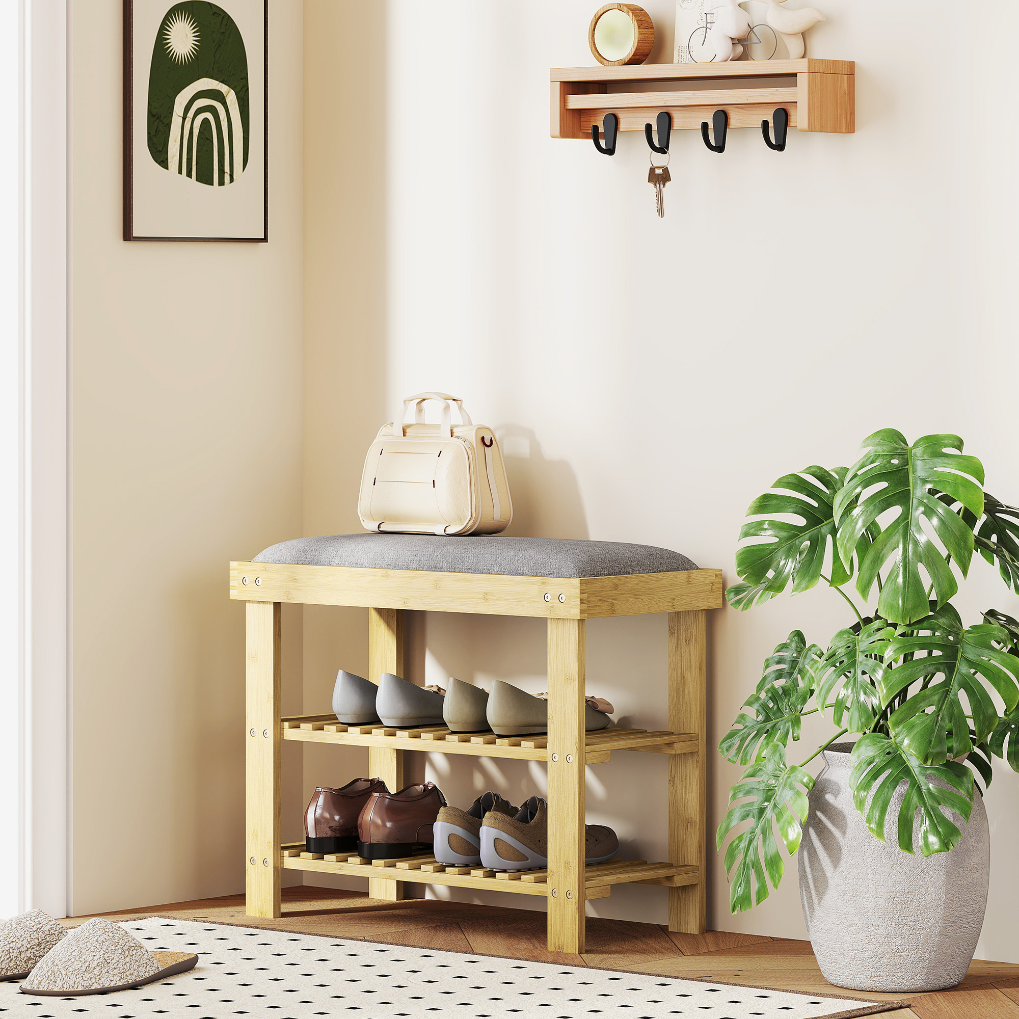 Schuhbank mit Sitzfläche, Bambus Sitzbank mit Stauraum, 2 offene Fächer, Sitzbank 60 x 29 x 49 cm Grau