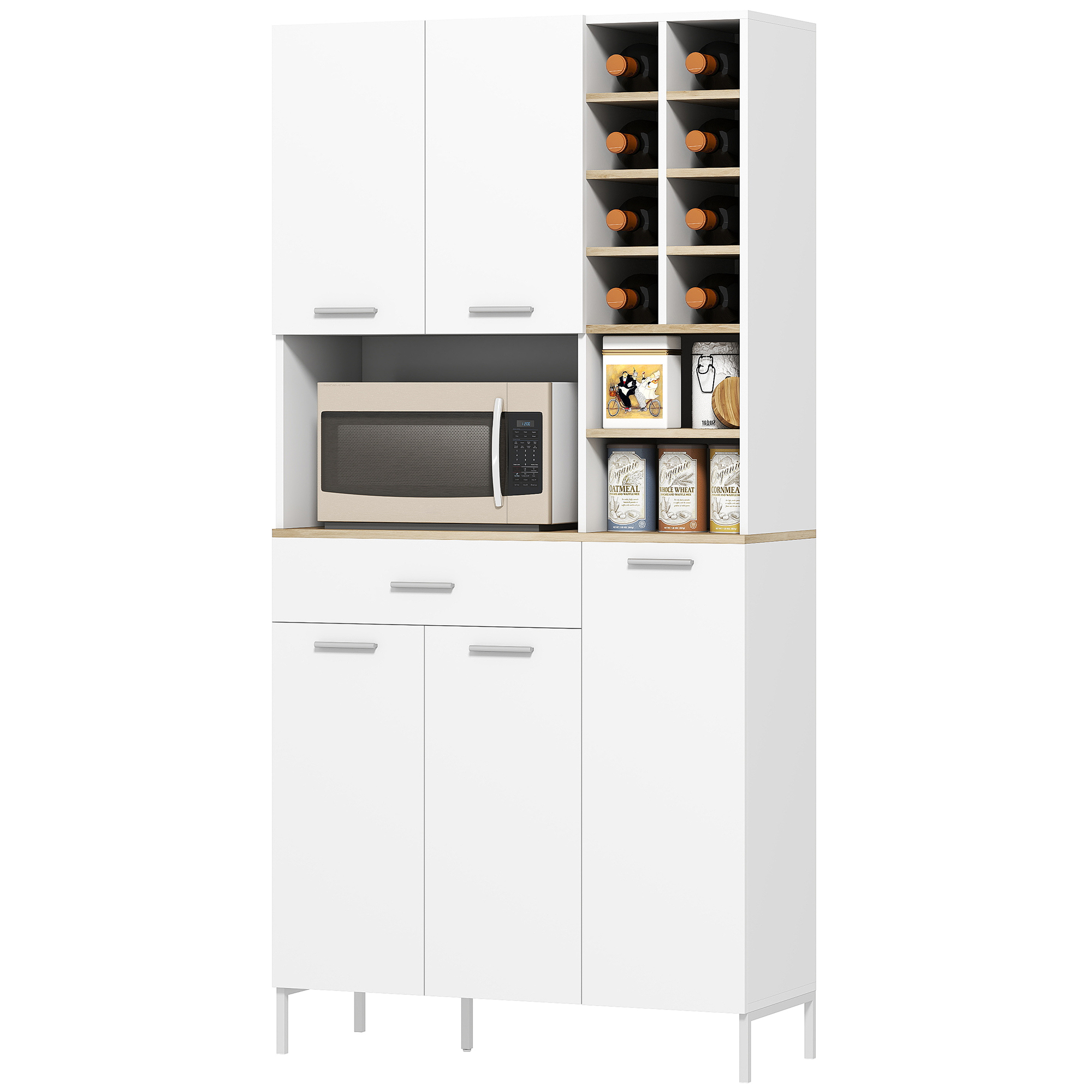 Küchenschrank mit offenen Regalen, Fächern, Weinregal, Vorratsschrank mit 5 Schranktüren, MDF, Weiß Küchenschrank mit offenen Regalen, Fächern, Weinregal, Vorratsschrank mit 5 Schranktüren, MDF, Weiß