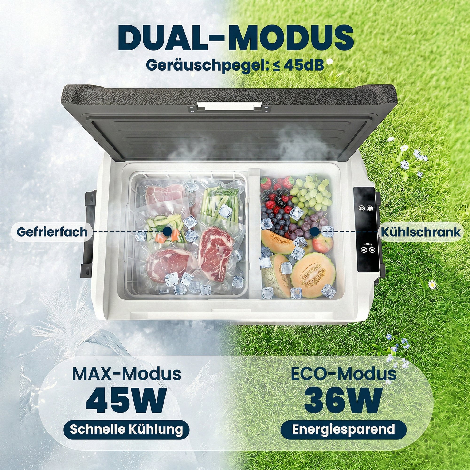 Kompressor Kühlbox 50L -20℃-20℃ Elektrische Kühlbox mit Dual-Zone Temperaturregelung APP LED Batterieschutz Klappgriff
