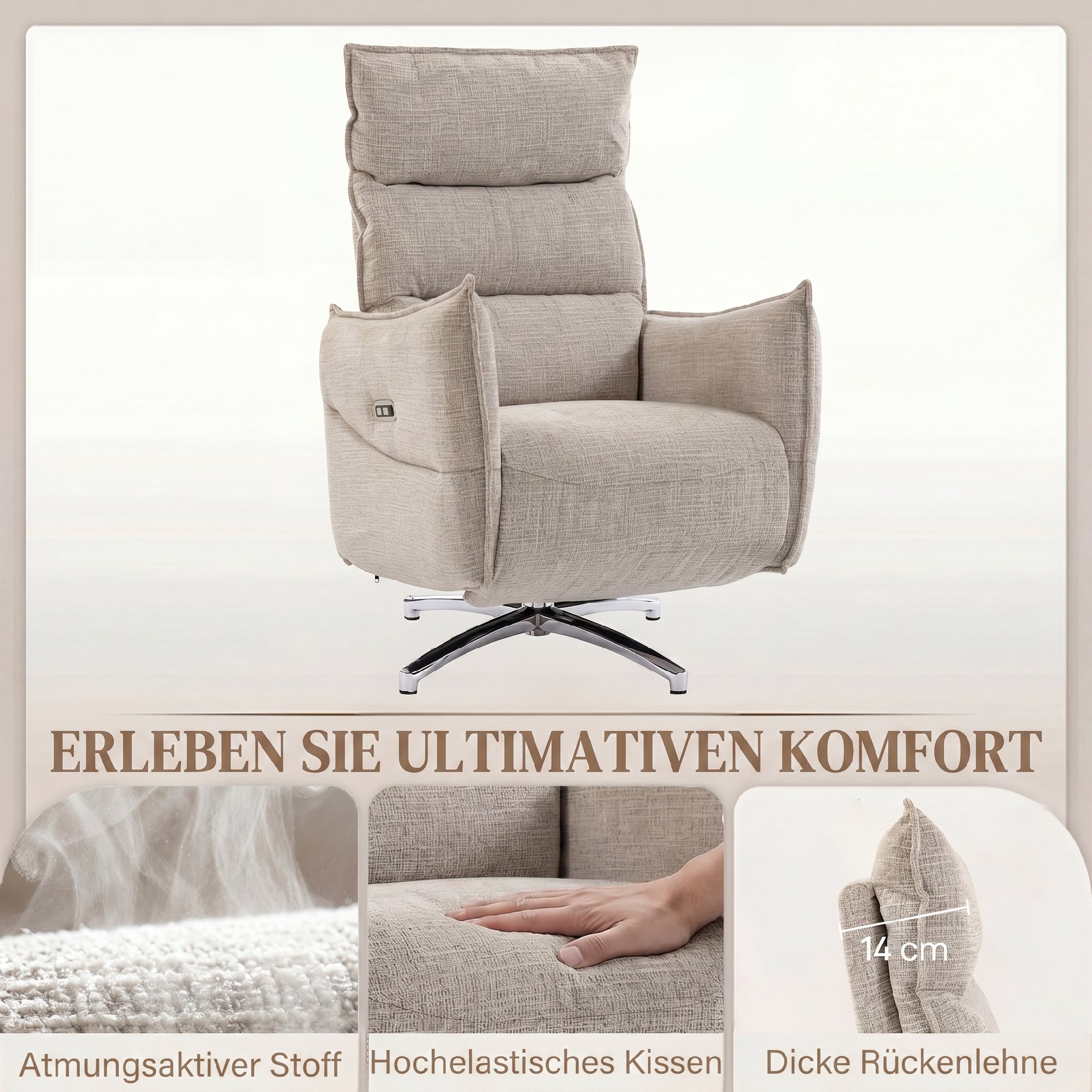 drehbarer elektrischer Relaxsessel für Erwachsene, Sessel mit Leinenoptik-Stoff und Ladeanschlüssen, Beige