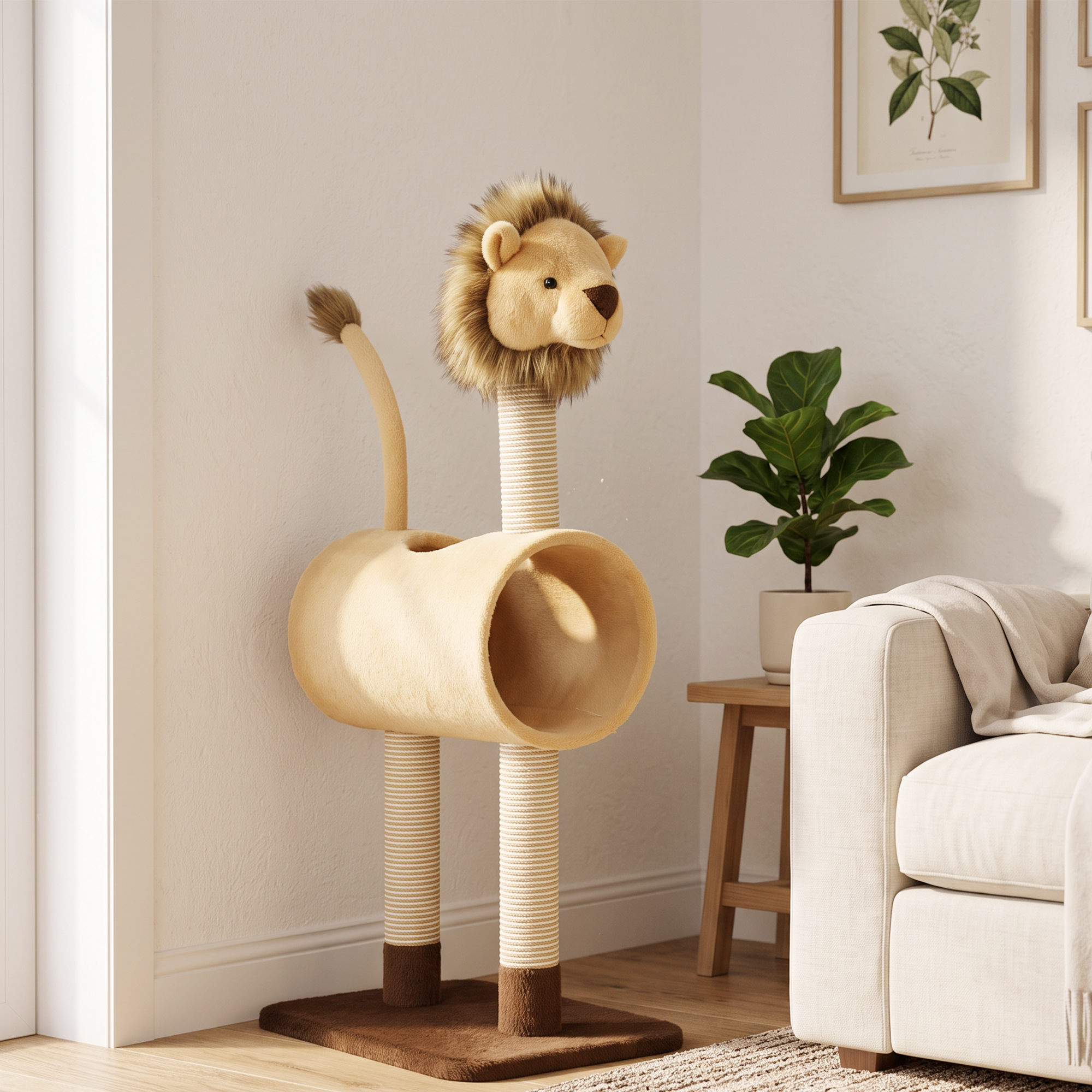 Kratzbaum 104 cm Katzenbaum mit Löwen-Design Kratzpfosten, Tunnel, hängendem Schwanz bis 7 kg, Hellbraun