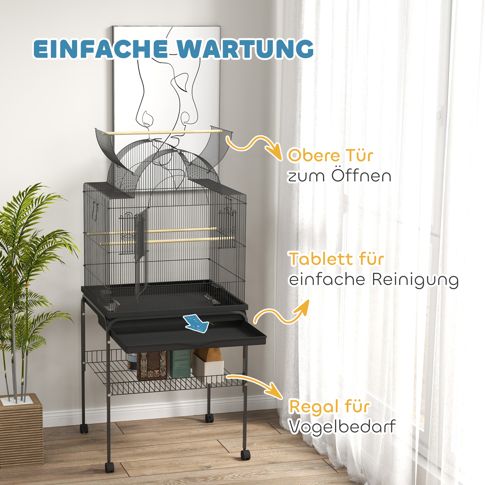 Vogelkäfig für Kanarienvögel & Wellensittiche, mobil, mit Bodenfach, Metallgitter, Schwarz