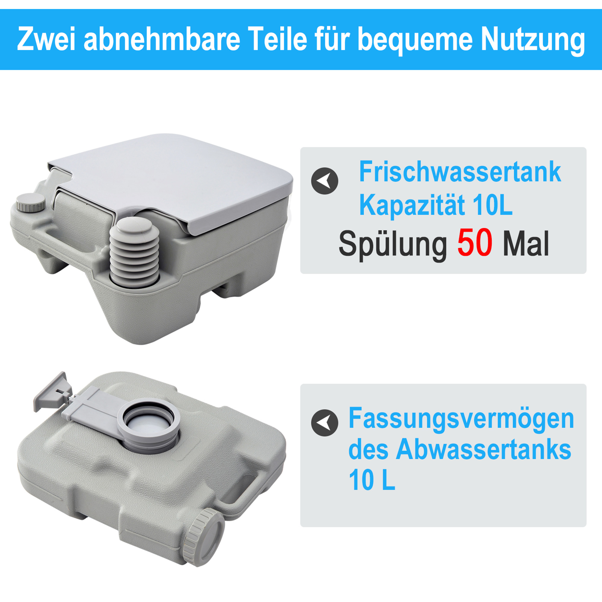 Outdoor-WC, tragbare Toilette, Abfalltank, Spültank, Kunststoff, Deckel, Grau