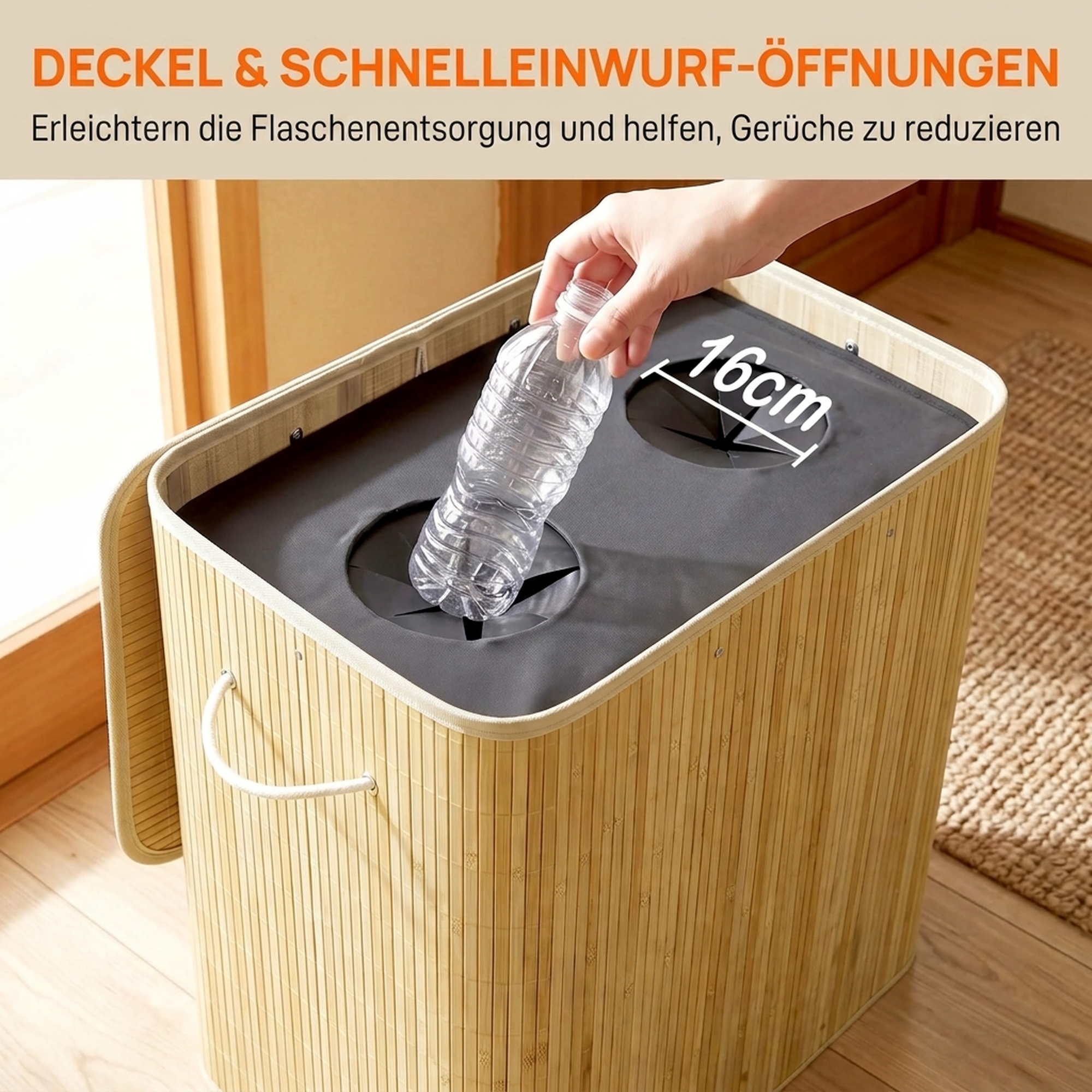 Pfandflaschen Sammelbehälter mit Deckel 150L, Bambus Pfandflaschen Organizer mit Zwei Tasche für Küche