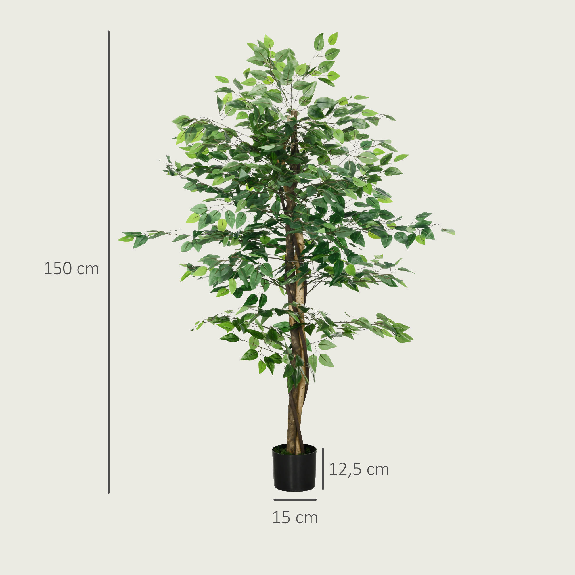 Ficusbaum Kunstpflanze, naturgetreu, 150 cm hoch, mit Topf, Grün