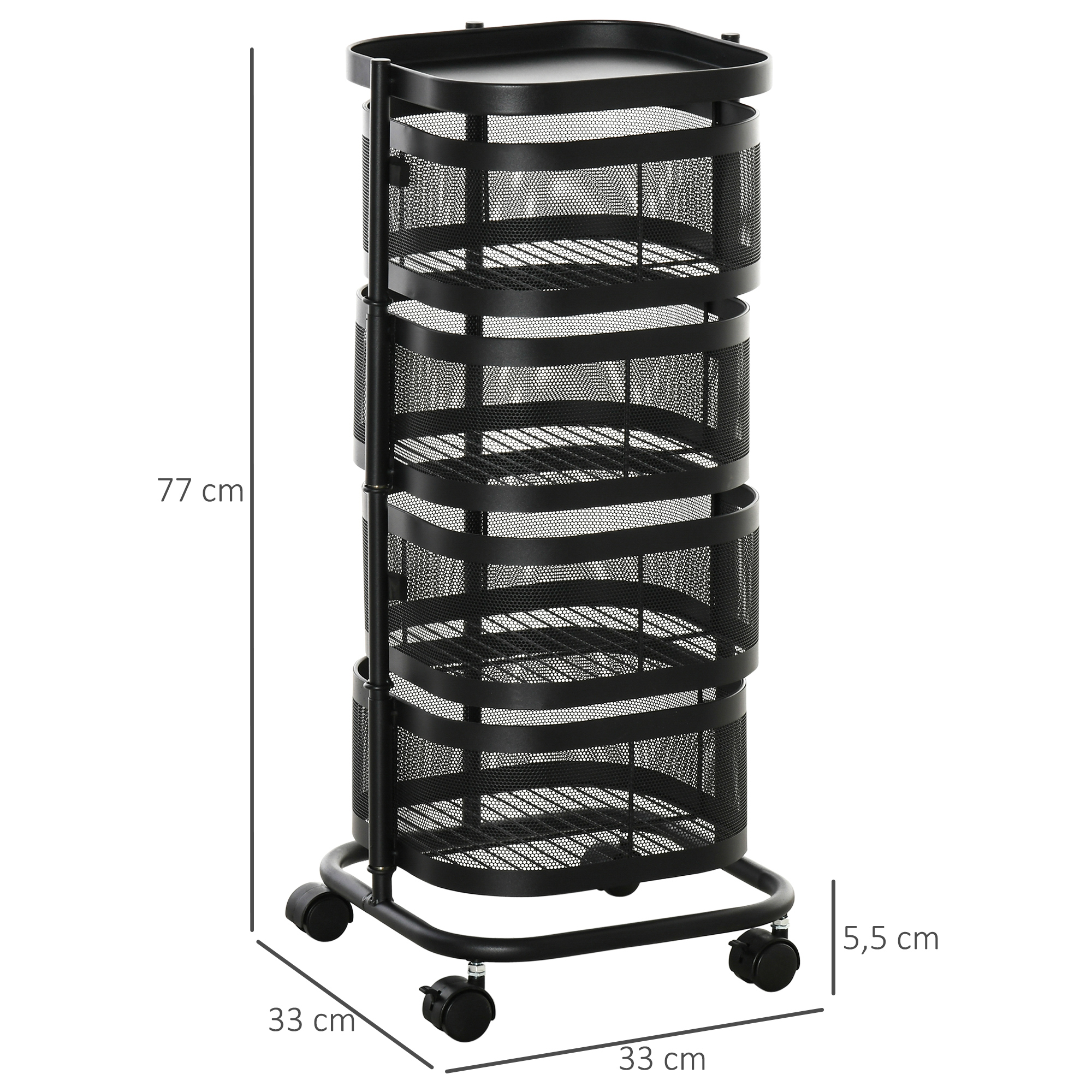 Servierwagen mit 4 Ebenen drehbar Küchenwagen mit Rollen Drahtkorb Rollwagen mit oberen Regal 33x33x77 cm Schwarz