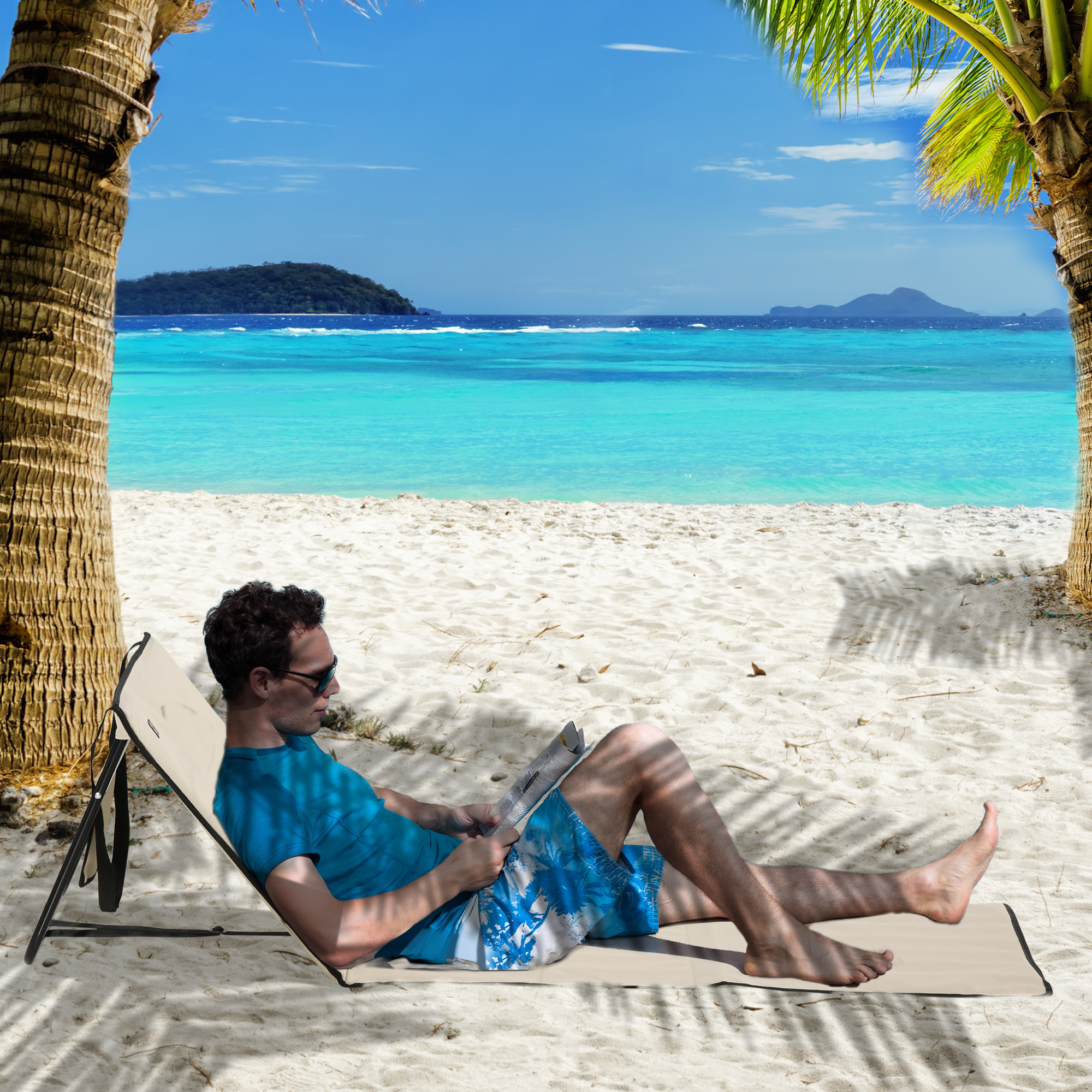 Strandliege, klappbar, verstellbare Rücklehne, Seitentasche, weiche Polsterung, Stahlrahmen, Beige, 142x51x40cm
