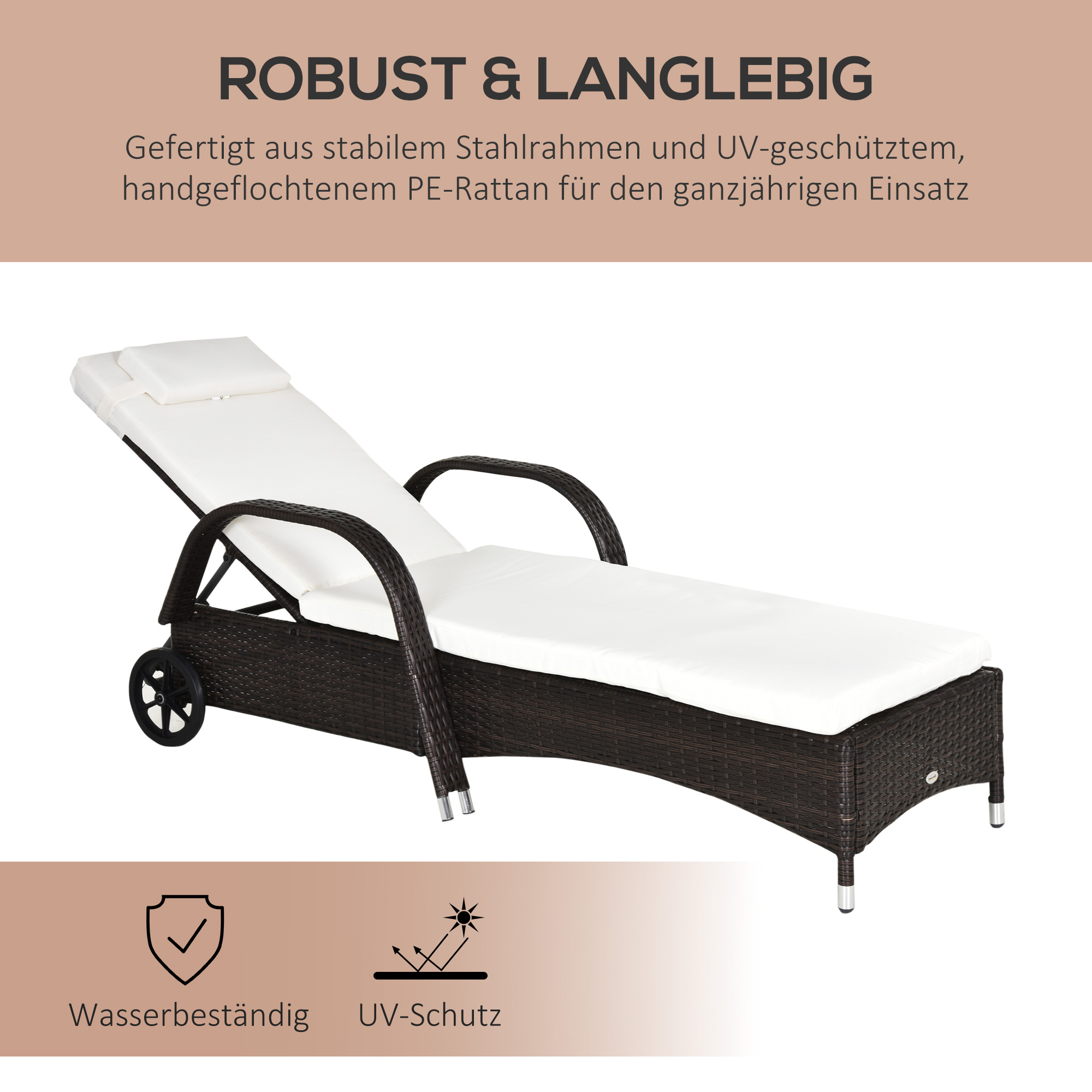 Sonnenliege Polyrattan Gartenliege mit 5-Fach verstellbarer Rücklehne, Polsterauflage, Rollen, Kissen, 160 kg belastbar Relaxliege Liegestuhl für Garten, 200x73x30-103cm, Kaffeebraun