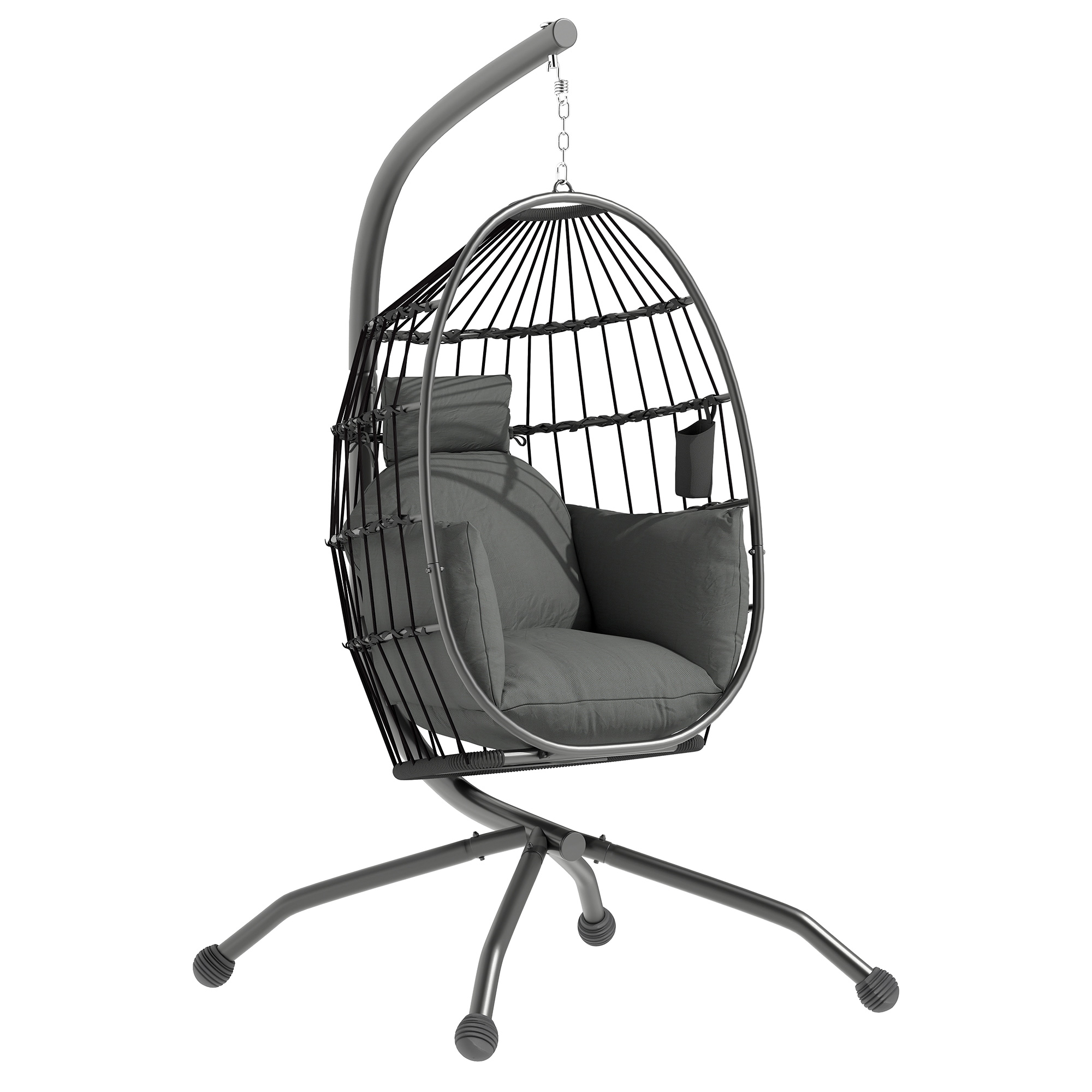 Hängender Outdoor-Schaukelstuhl mit faltbarem Korbsitz und dicken Kissen, Ständer, Kopfstütze, Becherhalter, Schwarz