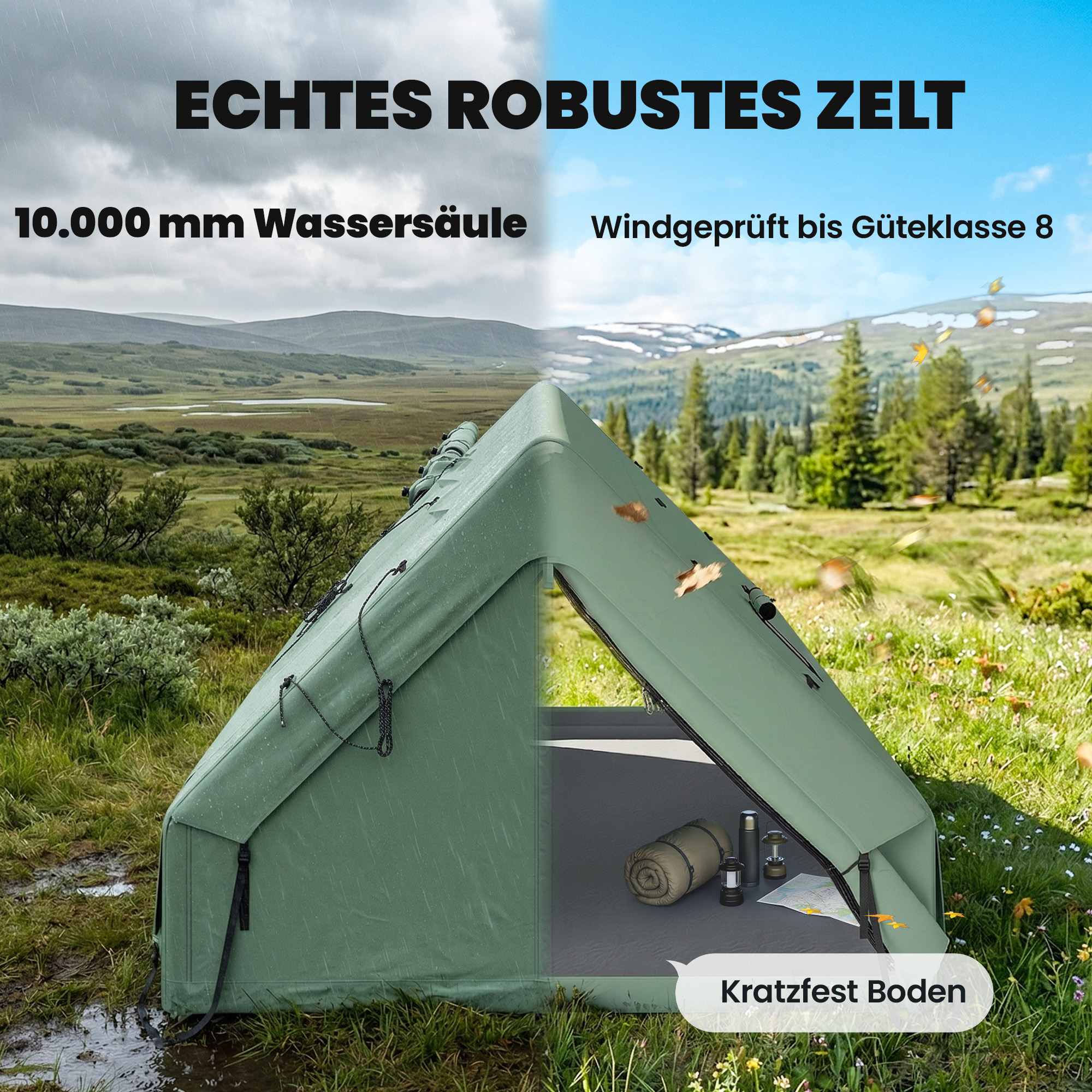 aufblasbares Zelt 8-10 Personen Schneller Aufbau 4-Jahreszeiten Wasserdicht Kratzfest Zelt mit Kaminöffnung Dachfenster