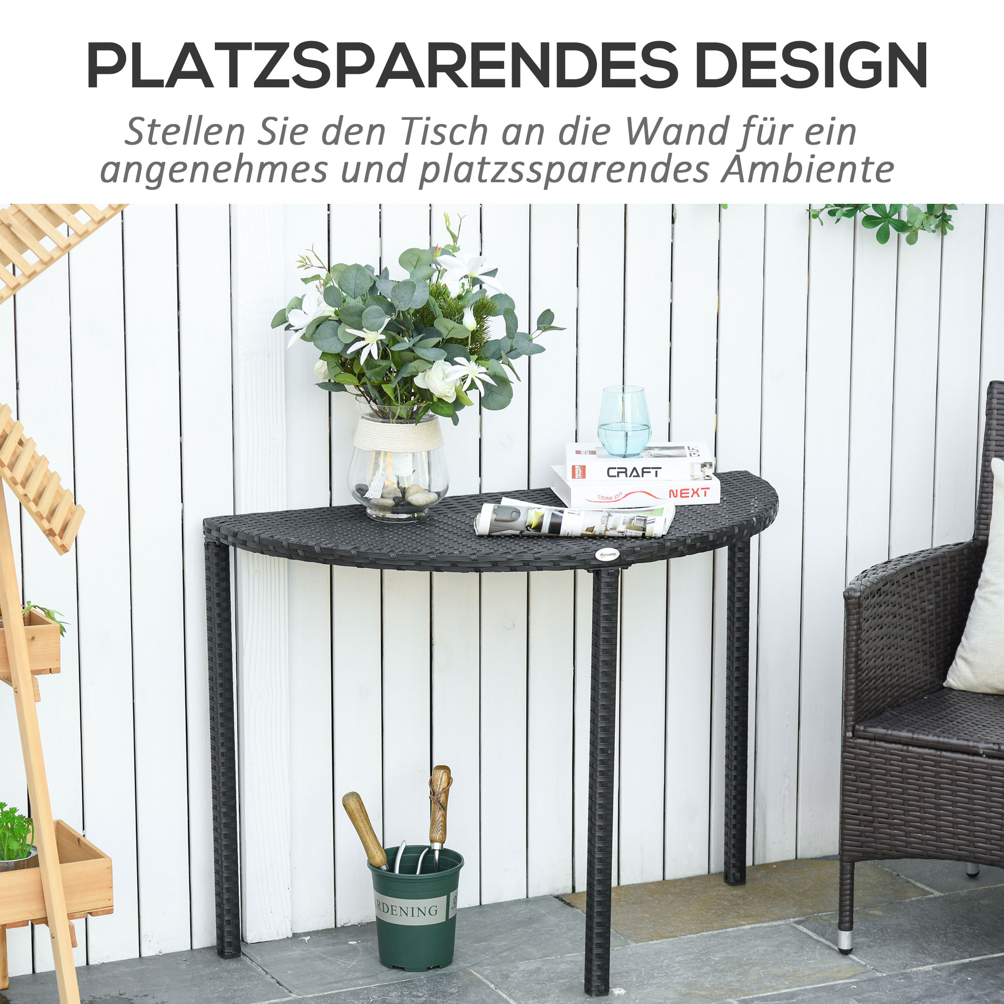 Balkontisch Garten Beistelltisch Tisch Gartenmöbel halbrund Polyrattan Metall Schwarz 100 x 50 x 74 cm